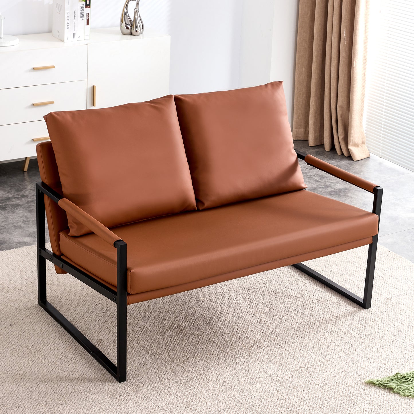 PU leather armchair metal frame cushion armchair, cushion backrest, living room sofa 1 double sofa+2 single sofa (brown PU leather+metal frame+foam) SF-008