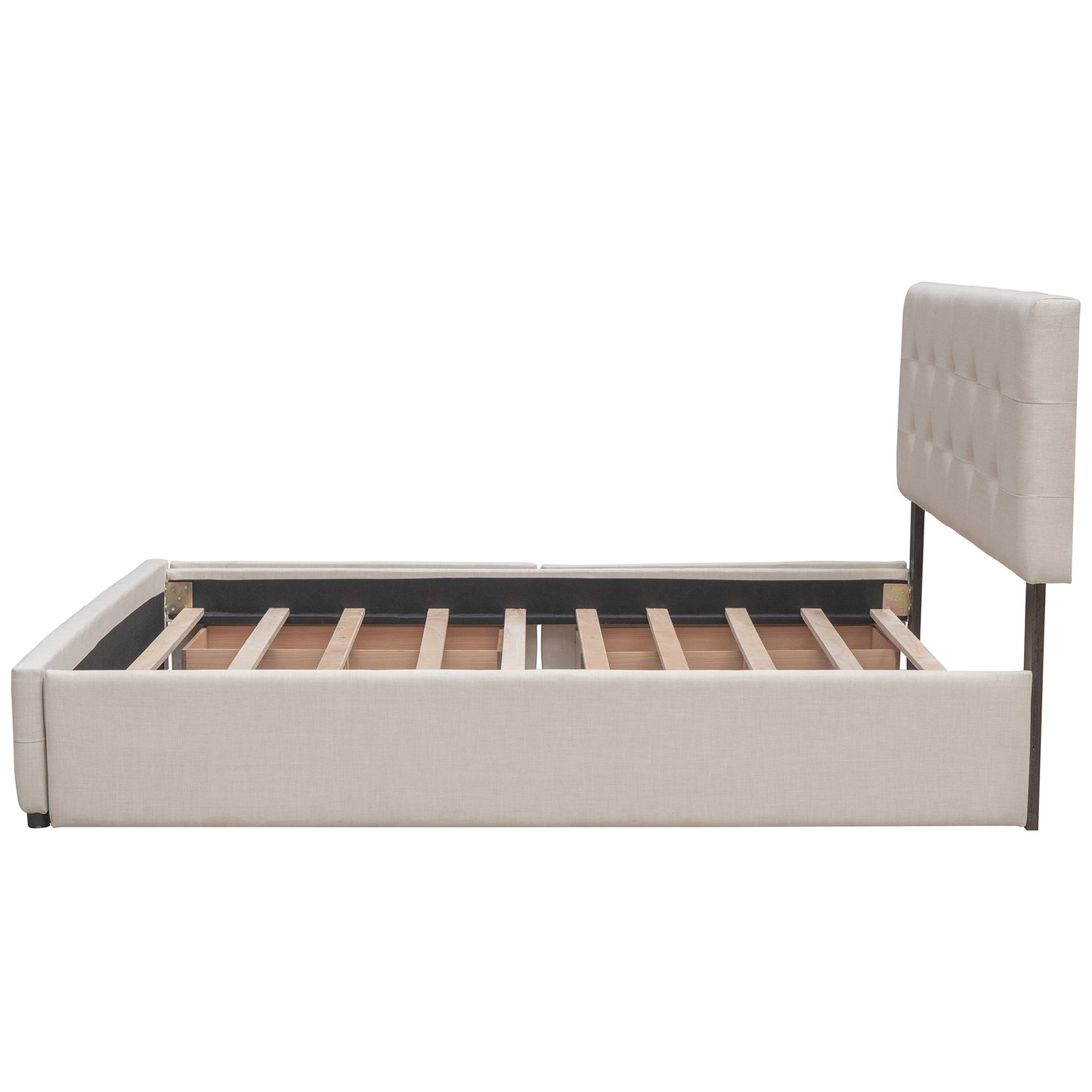 Upholstered Platform Bed with 2 Drawers and 1 Twin XL Trundle,  Linen Fabric, Queen Size - Dark Beige