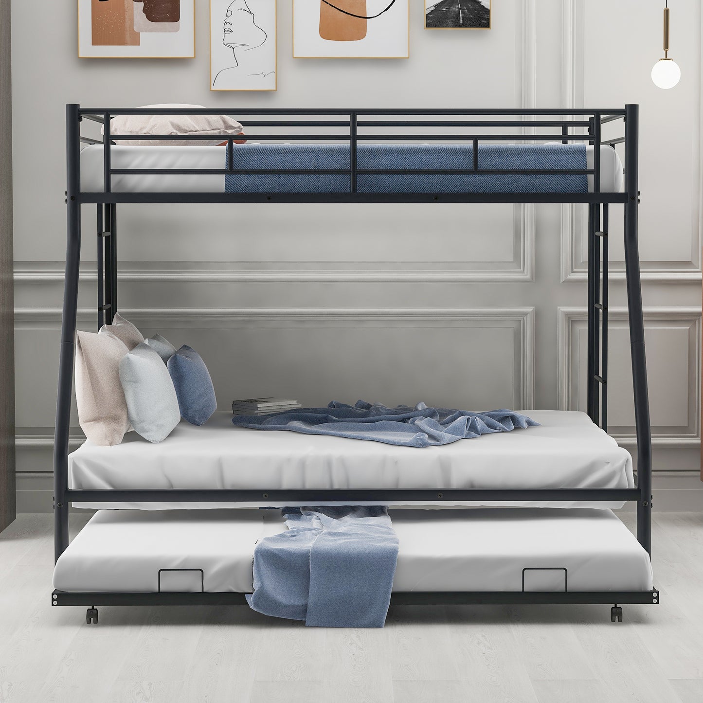 Twin over Full Bunk Bed with Trundle and Ladders for Space-Saving Sleep Solution