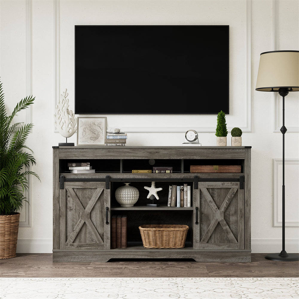 Adjustable Light Gray Barn Door TV Stand with Storage Shelves