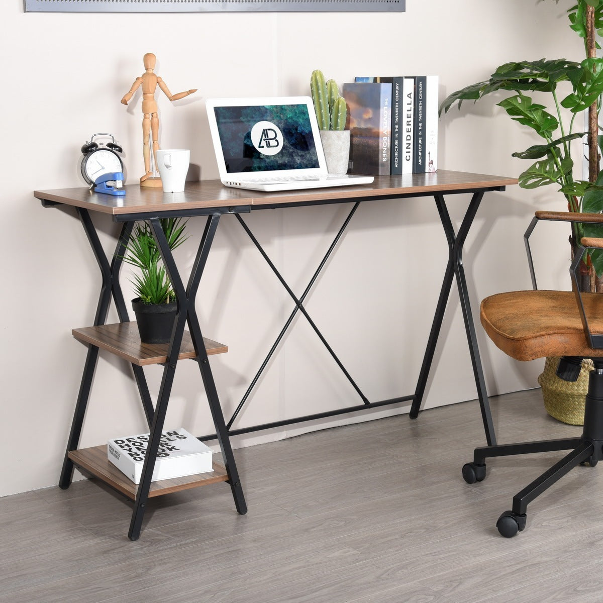 Brown and Black Computer Desk with Two Layers for Efficient Work Completion