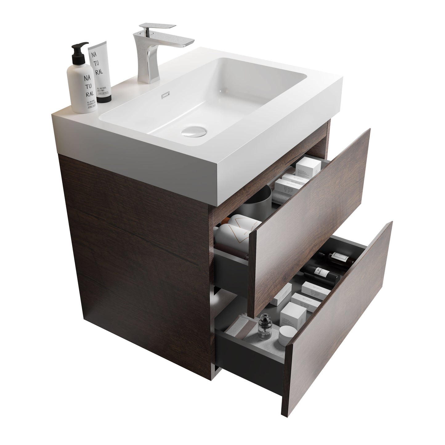 Alice 24" Walnut Bathroom Vanity with Sink, Large Storage Wall Mounted Floating Bathroom Vanity for Modern Bathroom, One-Piece White Sink Basin without Drain and Faucet