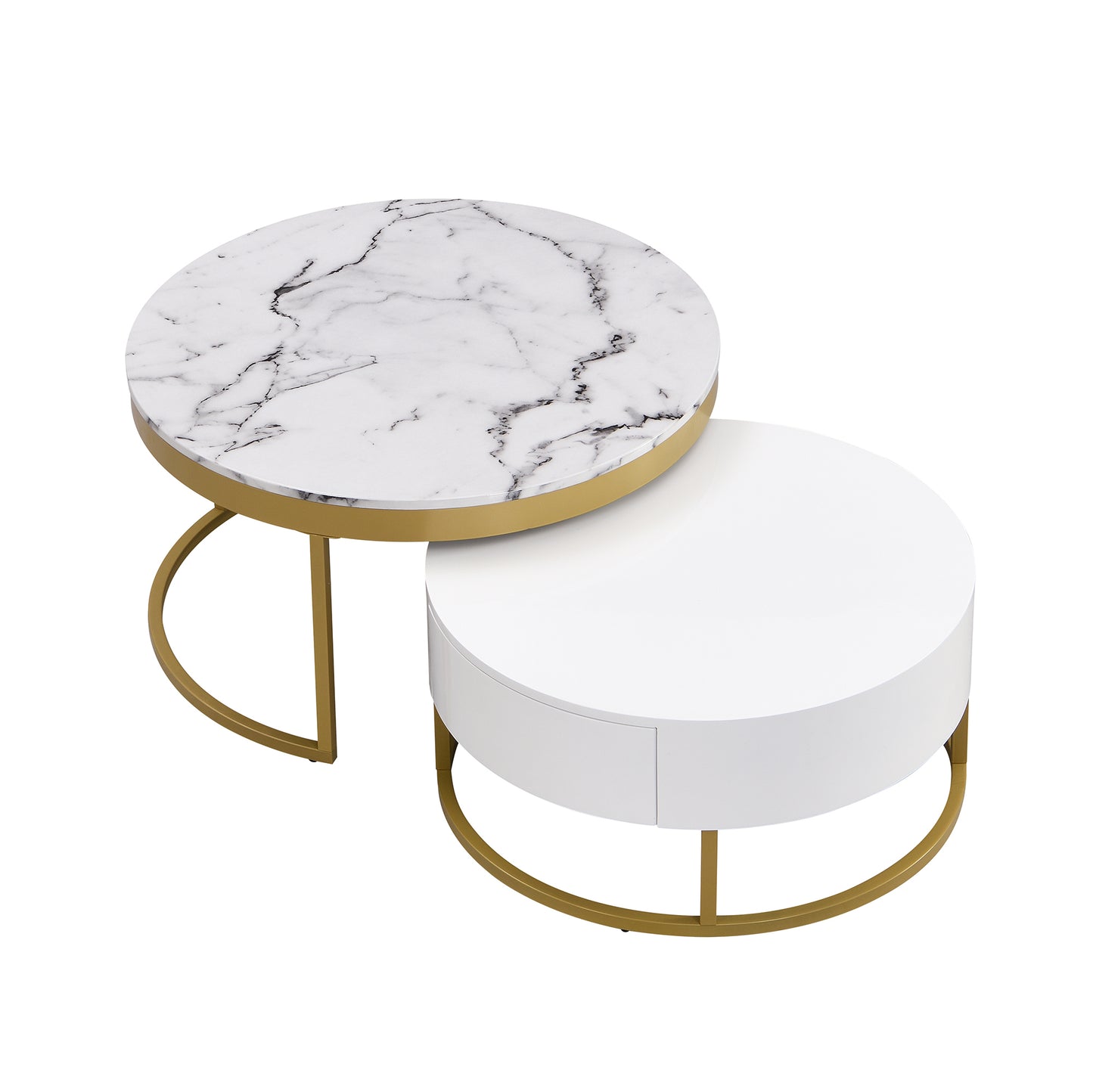 Contemporary White and Gold Nesting Coffee Table with Storage Drawers