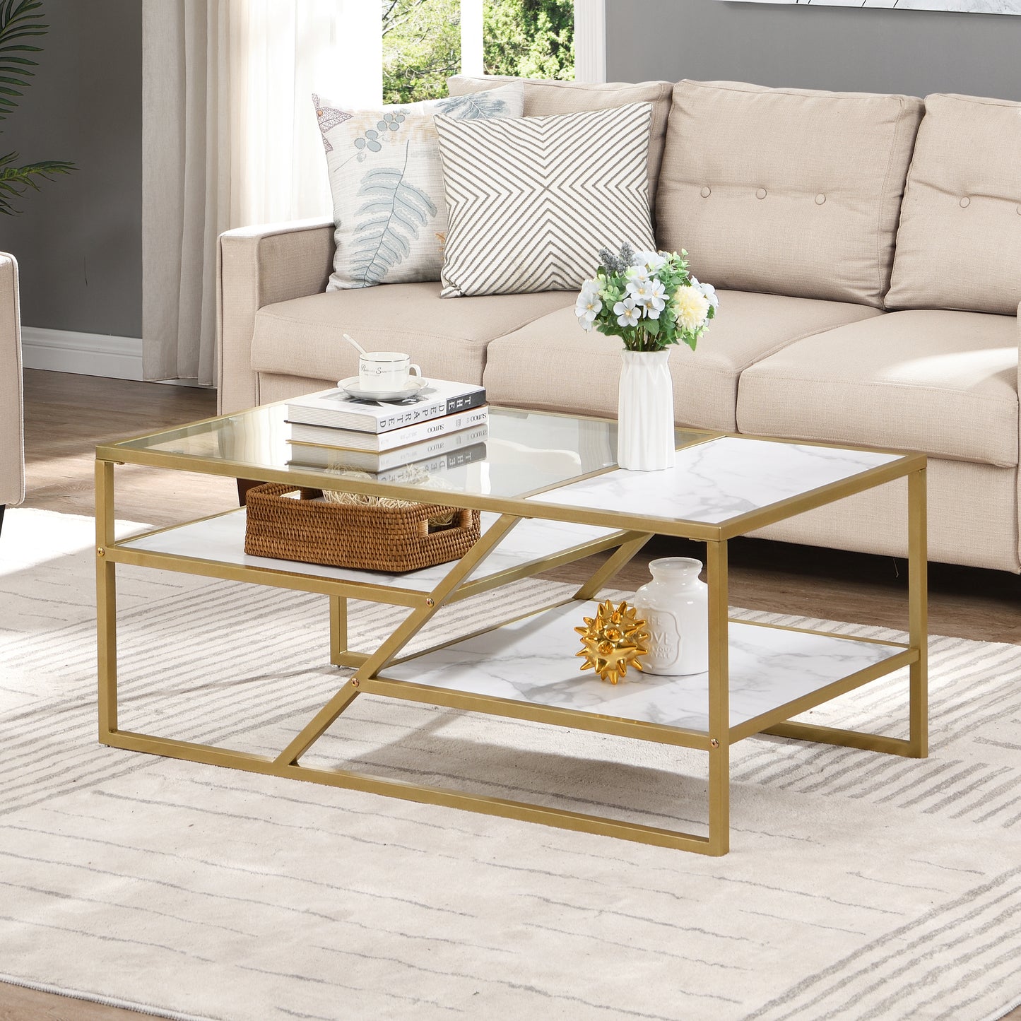 Golden Glass and Metal Coffee Table with Storage Shelf for Living Room or Bedroom