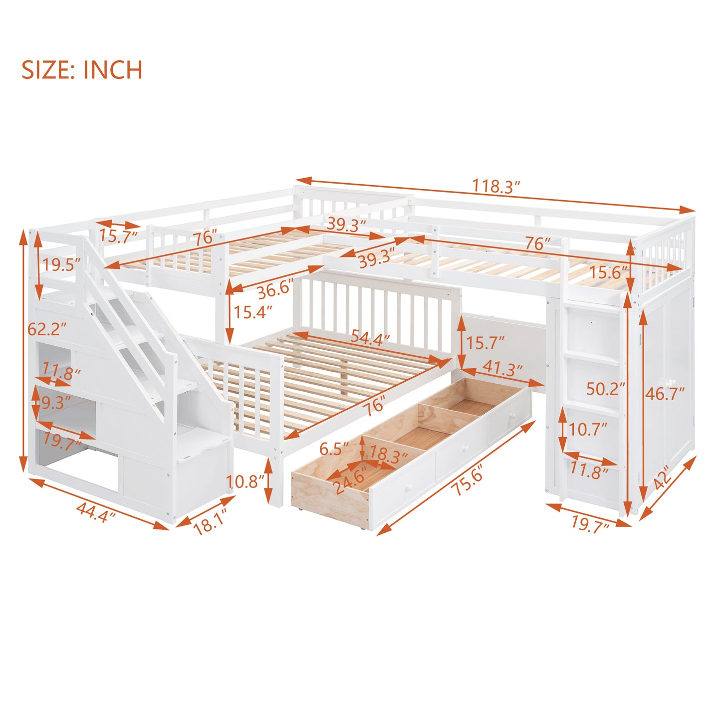 L-Shaped Bunk Bed Set with Desks, Wardrobe, Drawers, White - Space-Saving Sleepover Solution