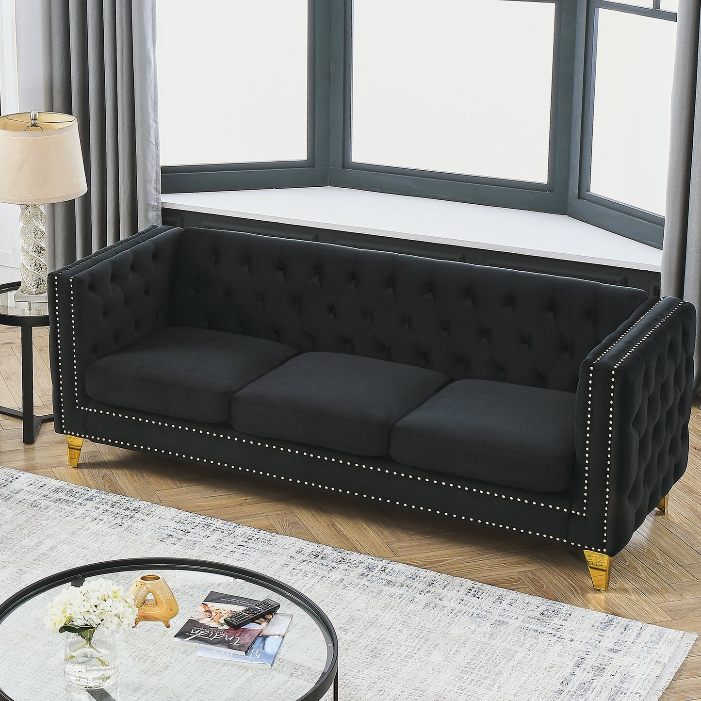 Velvet Sofa for Living Room,Buttons Tufted Square Arm Couch, Modern Couch Upholstered Button and Metal Legs, Sofa Couch for Bedroom, Black Velvet