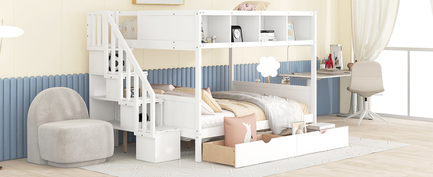 Versatile White Bunk Bed with Shelves, Storage Staircase, and Drawers