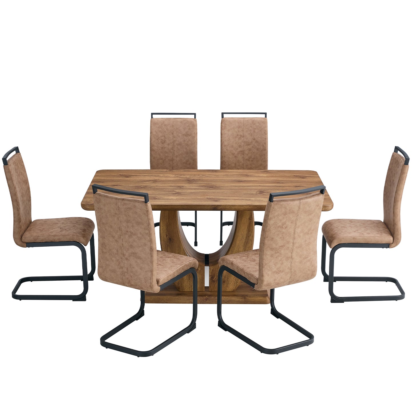 7 Piece Modern Dining Table Set, Rectangular Kitchen Table Set with Wooden Tabletop＆6 Pu Leather Upholstered Chairs Ideal for Dining Room, Kitchen