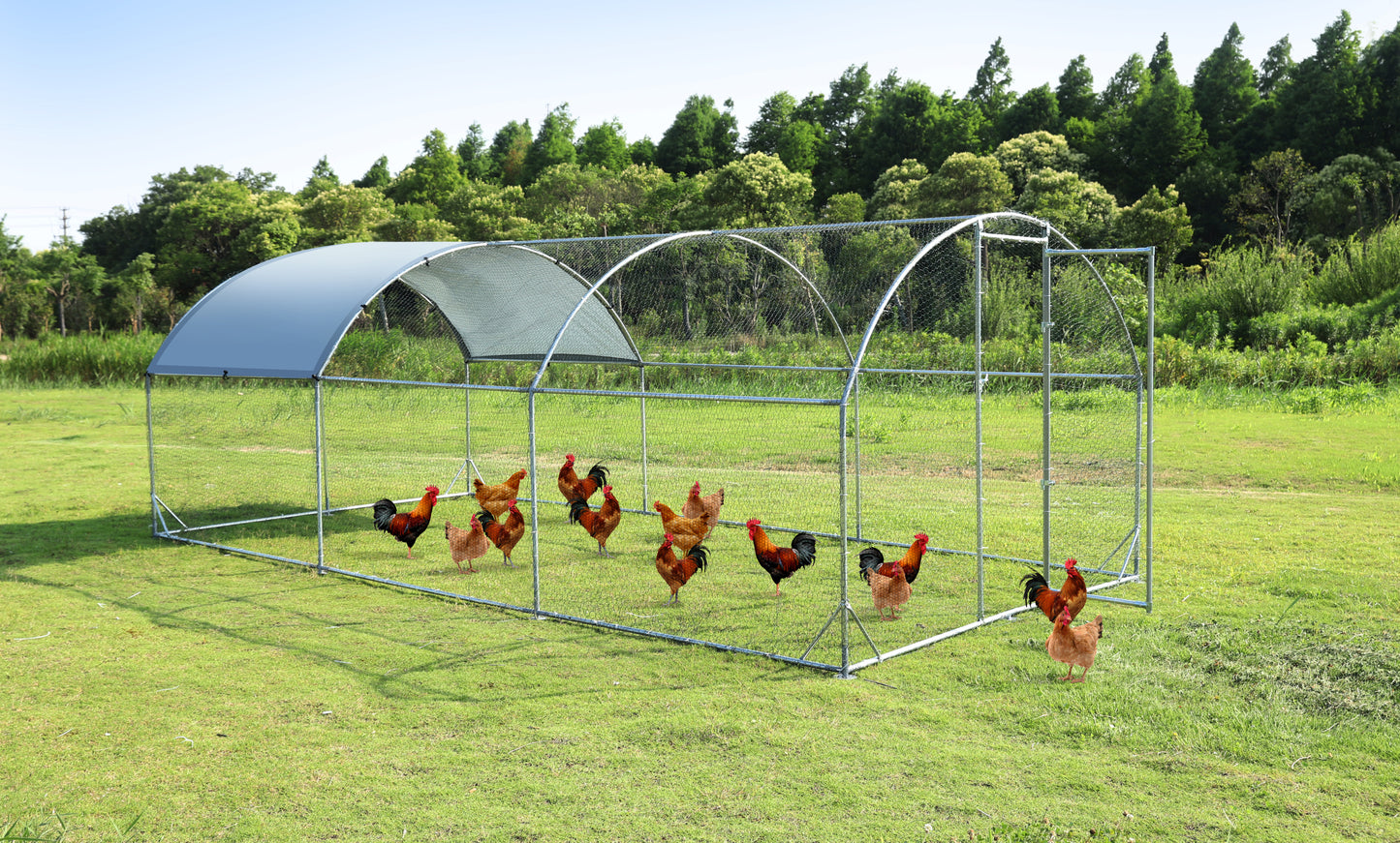 Large metal chicken coop upgrade three support steel wire impregnated plastic net cage, Oxford cloth silver plated waterproof UV protection, duck rabbit sheep bird outdoor house 9.2'W x 18.7'L x 6.5'H