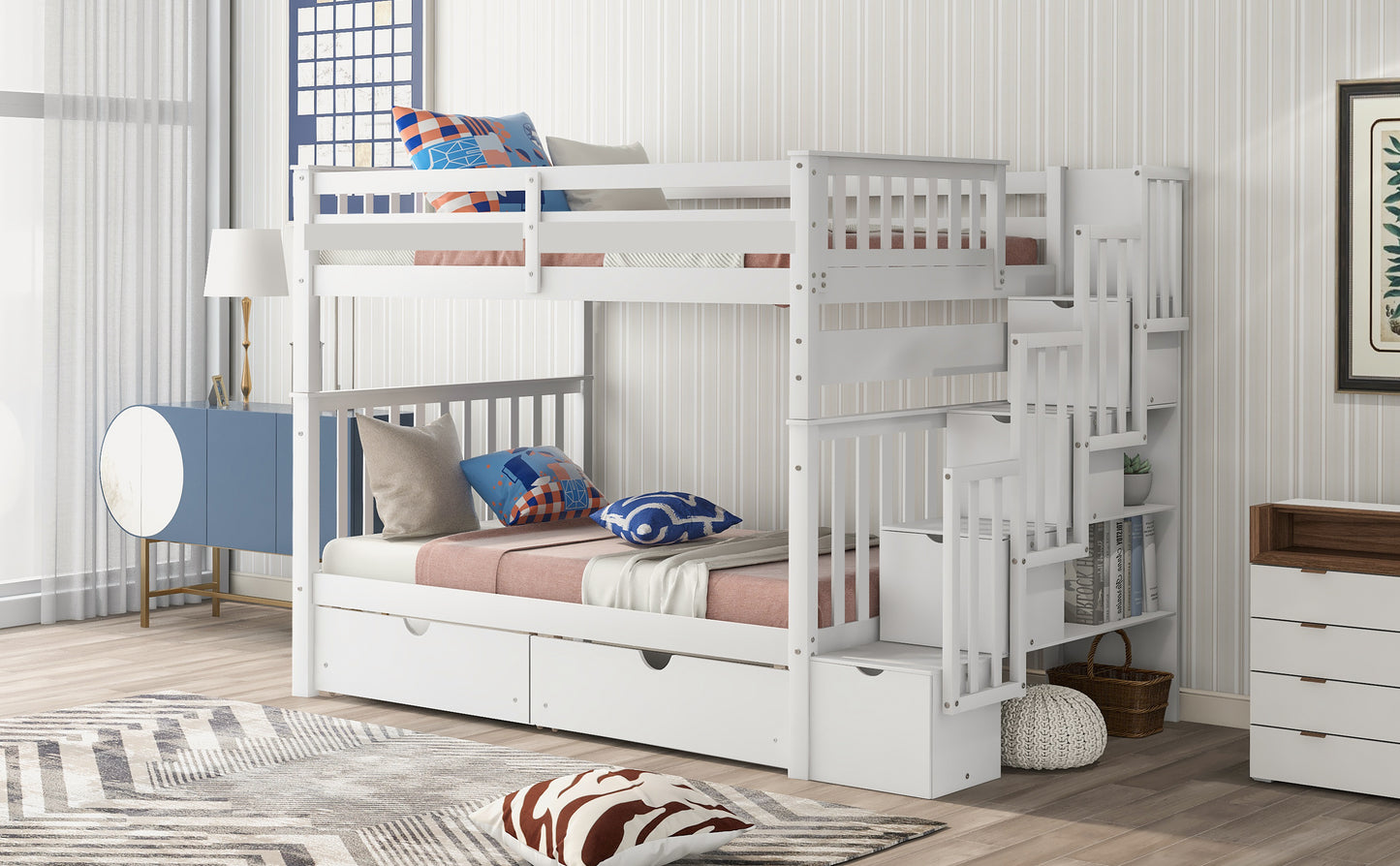 White Twin Over Twin Bunk Bed with Shelves and 6 Storage Drawers