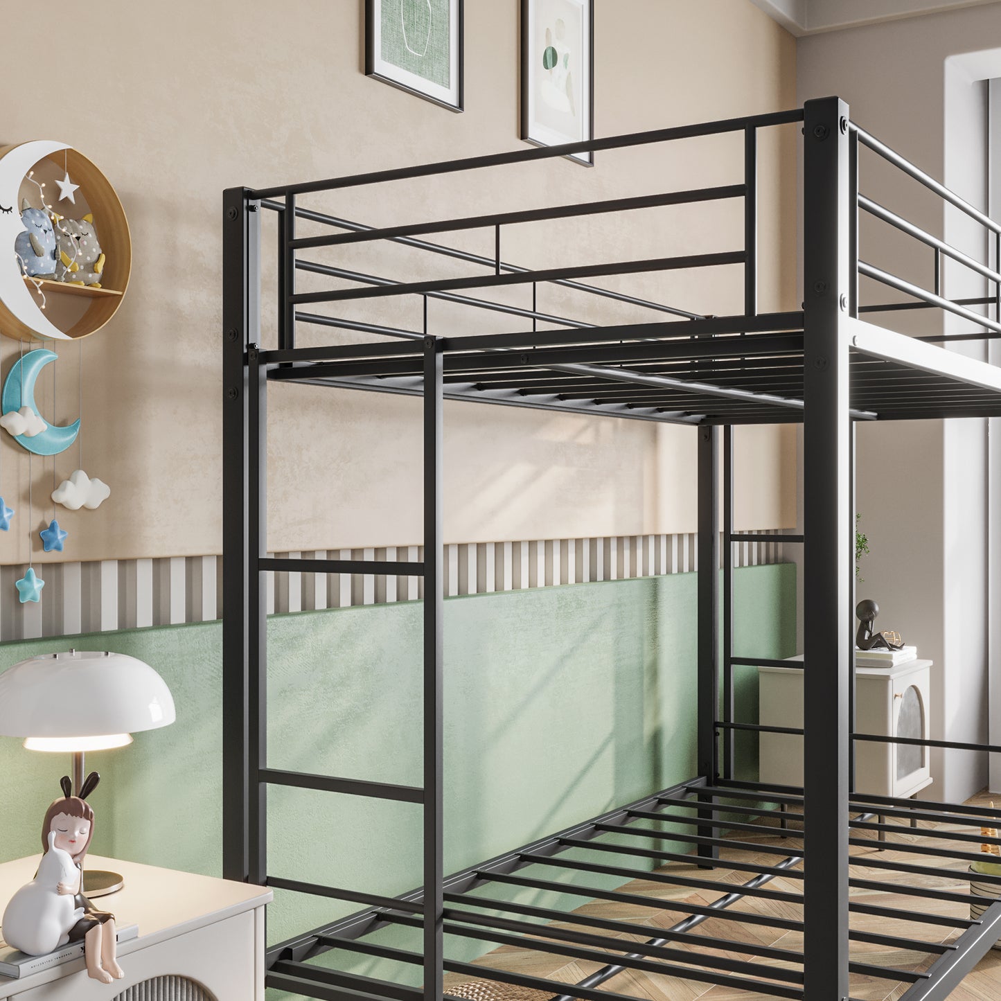 Heavy Duty Metal Twin Bunk Bed with Shelf and Safety Features - Black