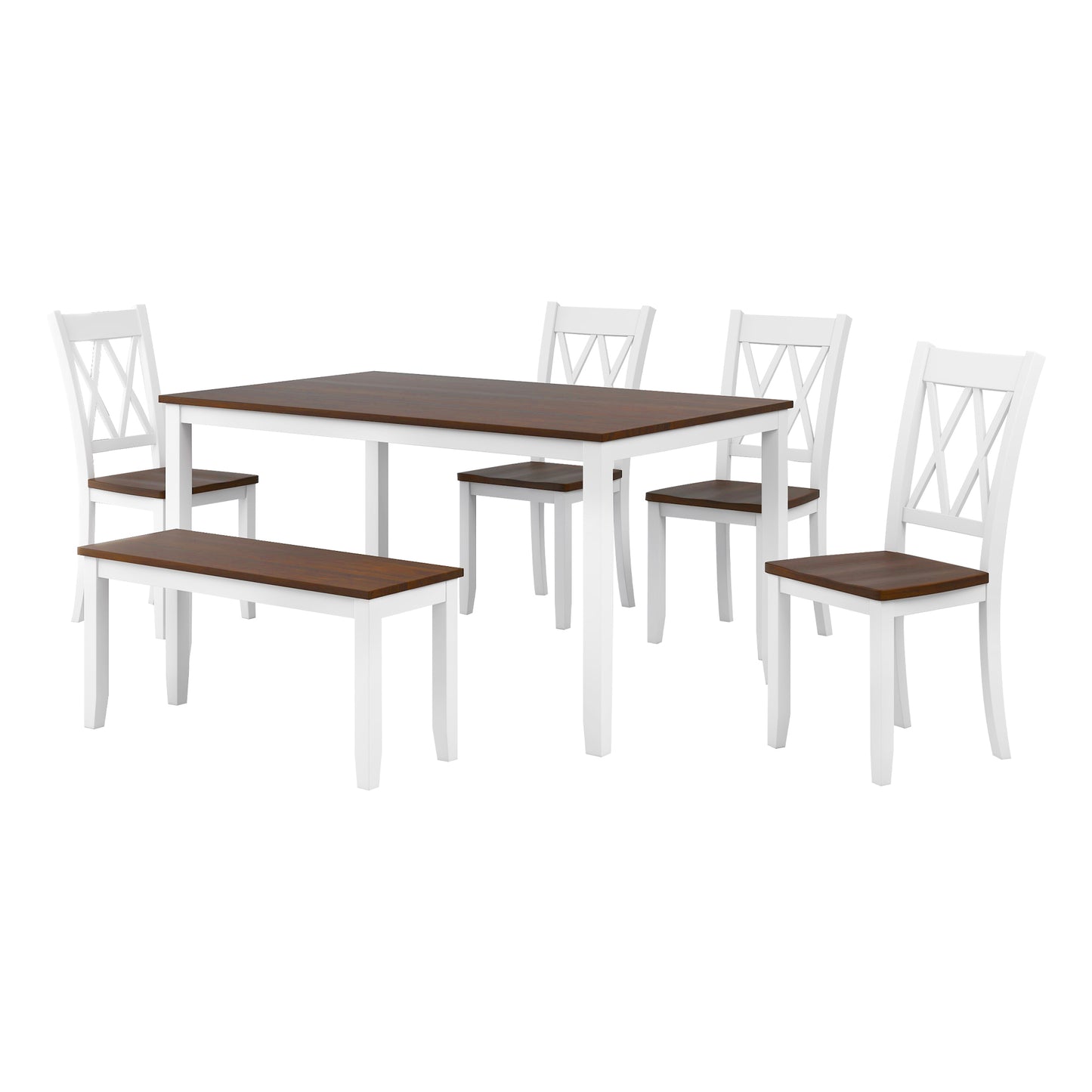 6-piece Wooden Kitchen Table set, Farmhouse Rustic Dining Table set with Cross Back 4 Chairs and Bench,White+Cherry