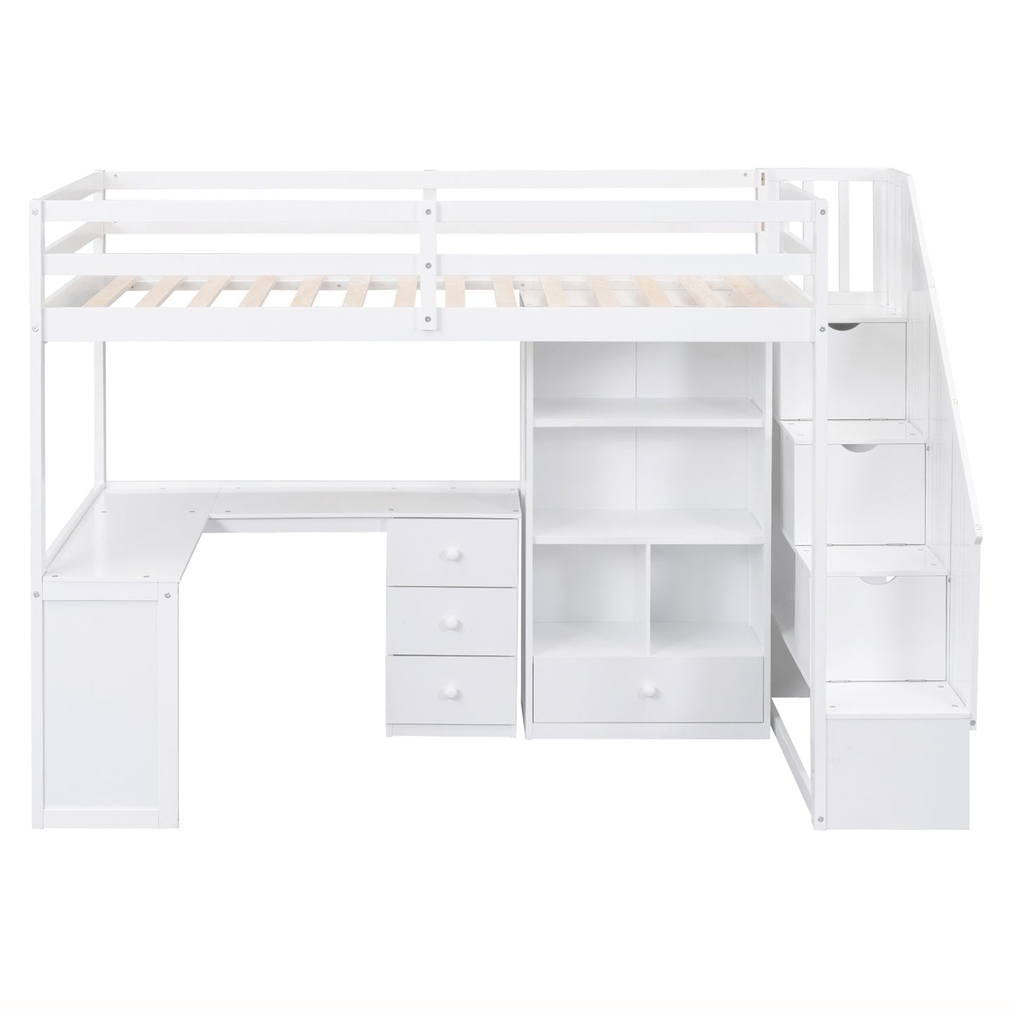 Twin Size Loft Bed with L-Shaped Desk and Drawers, Cabinet and Storage Staircase, White