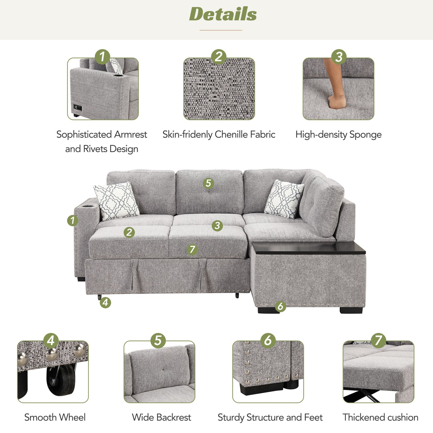 Convertible L-Shaped Sectional Sleeper Sofa with Storage Chaise and Charging Ports in Light Gray