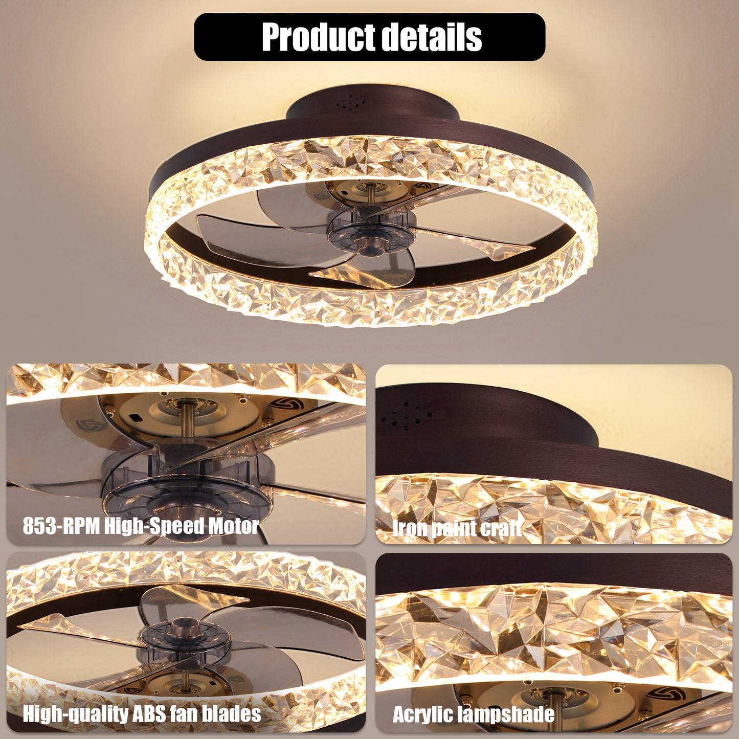 Modern Brown Acrylic Ceiling Fan with Dimmable LED Light and Remote Control, 6 Speeds, Reversible Blades, 20