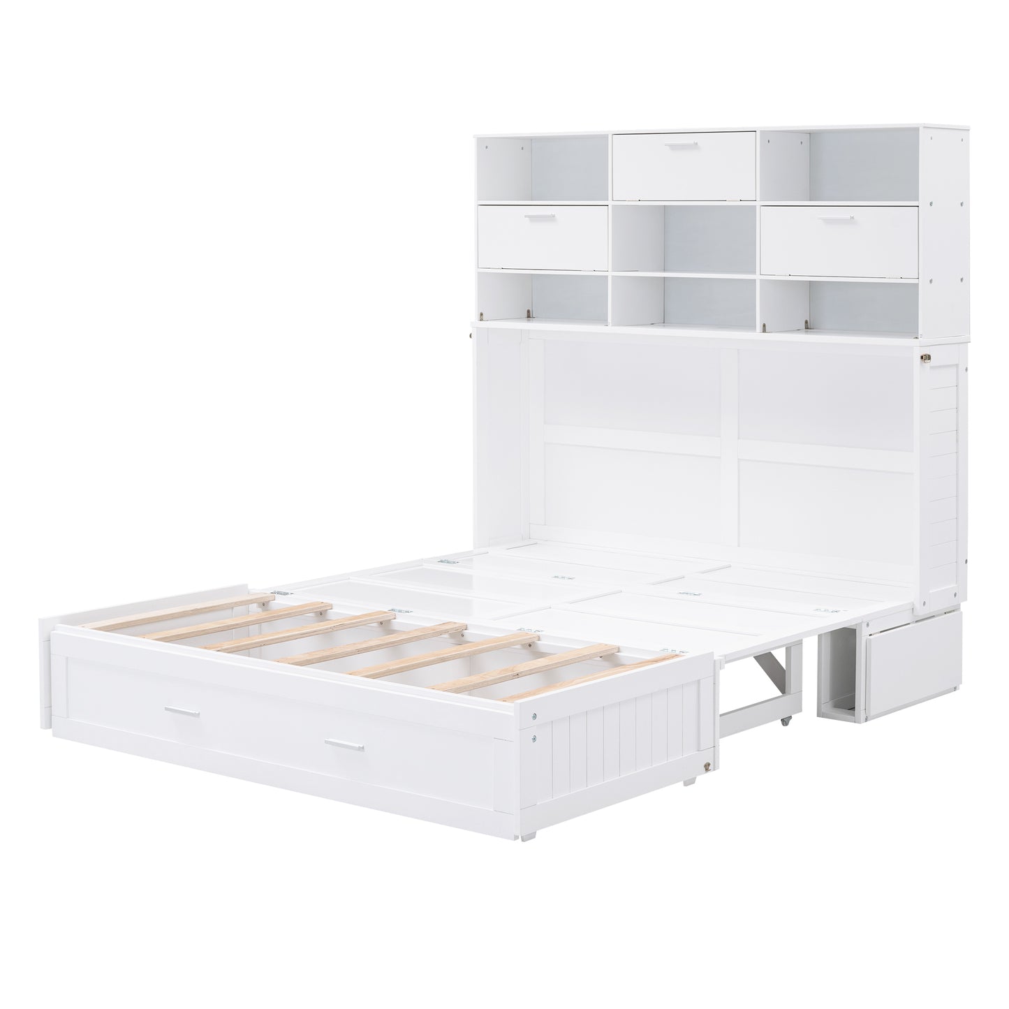 Queen Size Murphy Bed with Bookcase, Bedside Shelves and a Big Drawer, White