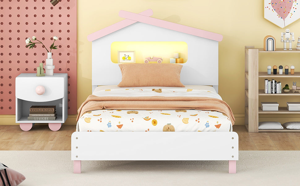 Twin Size Wood Platform Bed with House-shaped Headboard and Motion Activated Night Lights (White+Pink)