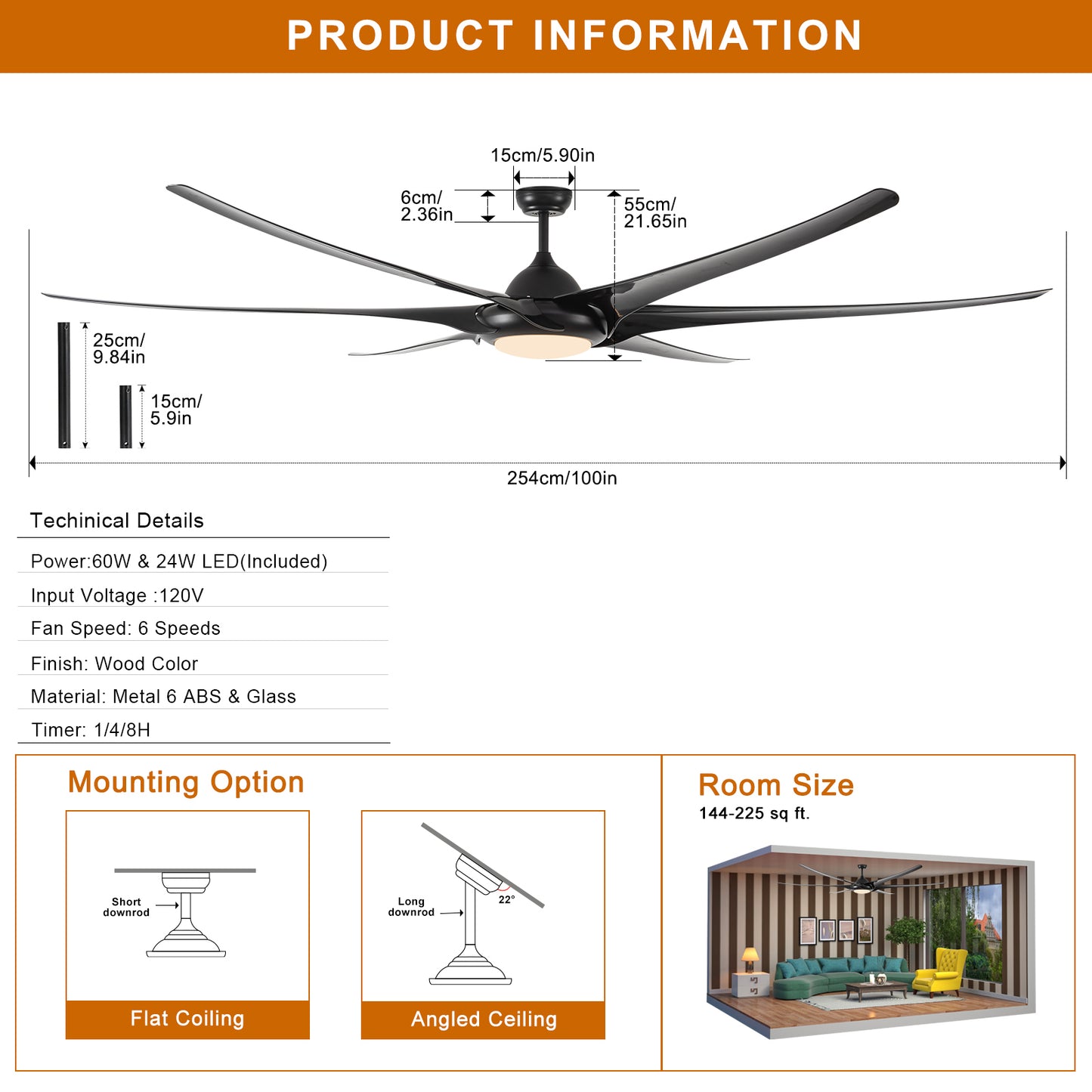 Ceiling Fan with Lights and Remote Control, 100 Size