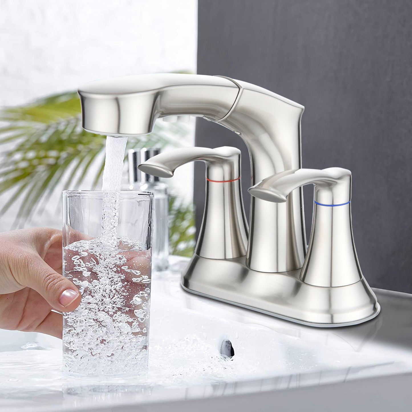 Bathroom Sink Faucet Set with Pull Down Sprayer and 2 Handles - Brushed Nickel Stainless Steel