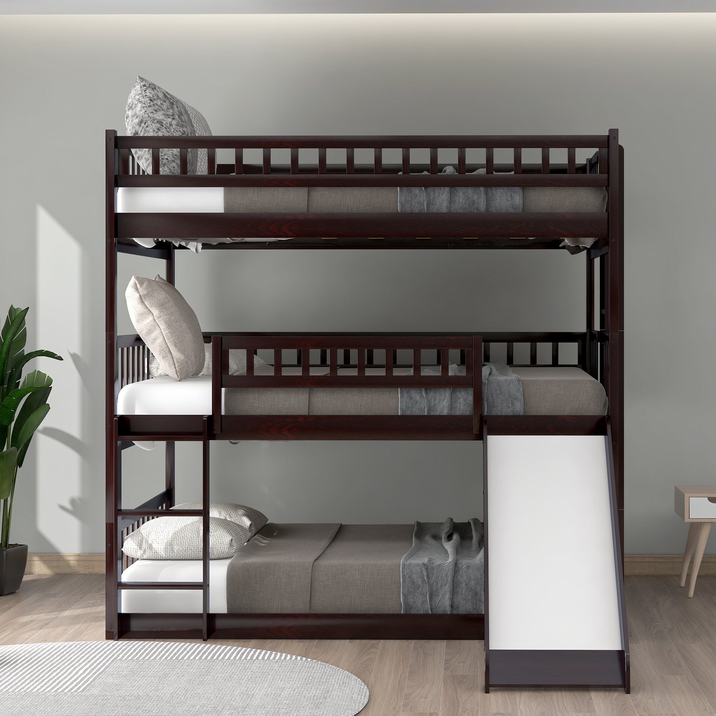 Espresso Full Triple Bunk Bed with Slide and Convertible Built-in Ladder