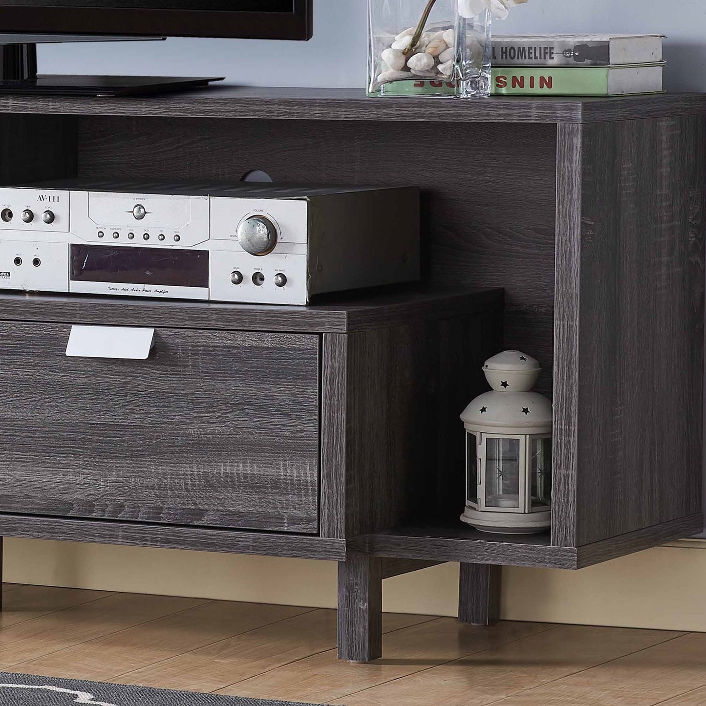 Grey TV Stand with Two Drawers, Open Shelving, and Wire Management