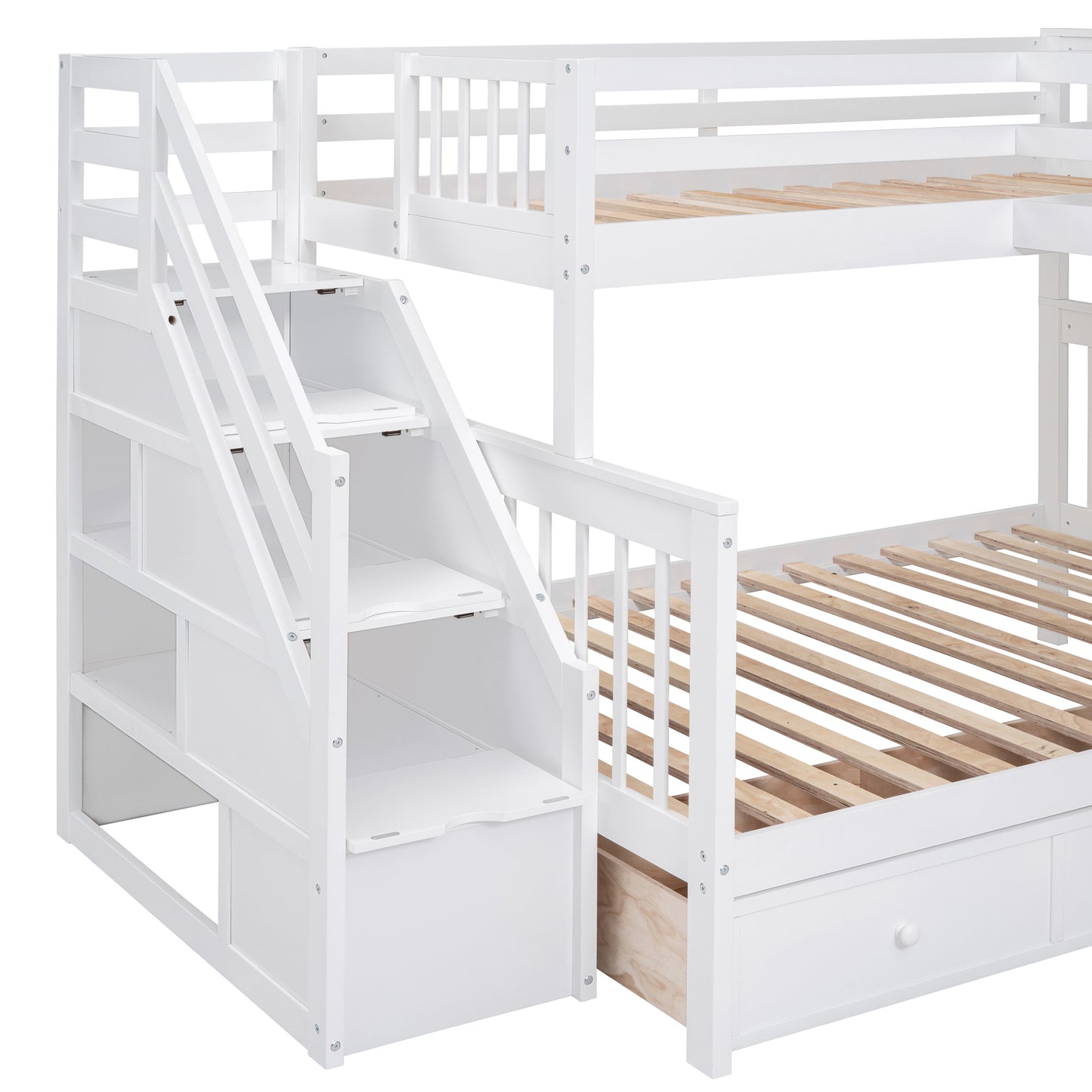 L-Shaped Bunk Bed Set with Desks, Wardrobe, Drawers, White - Space-Saving Sleepover Solution