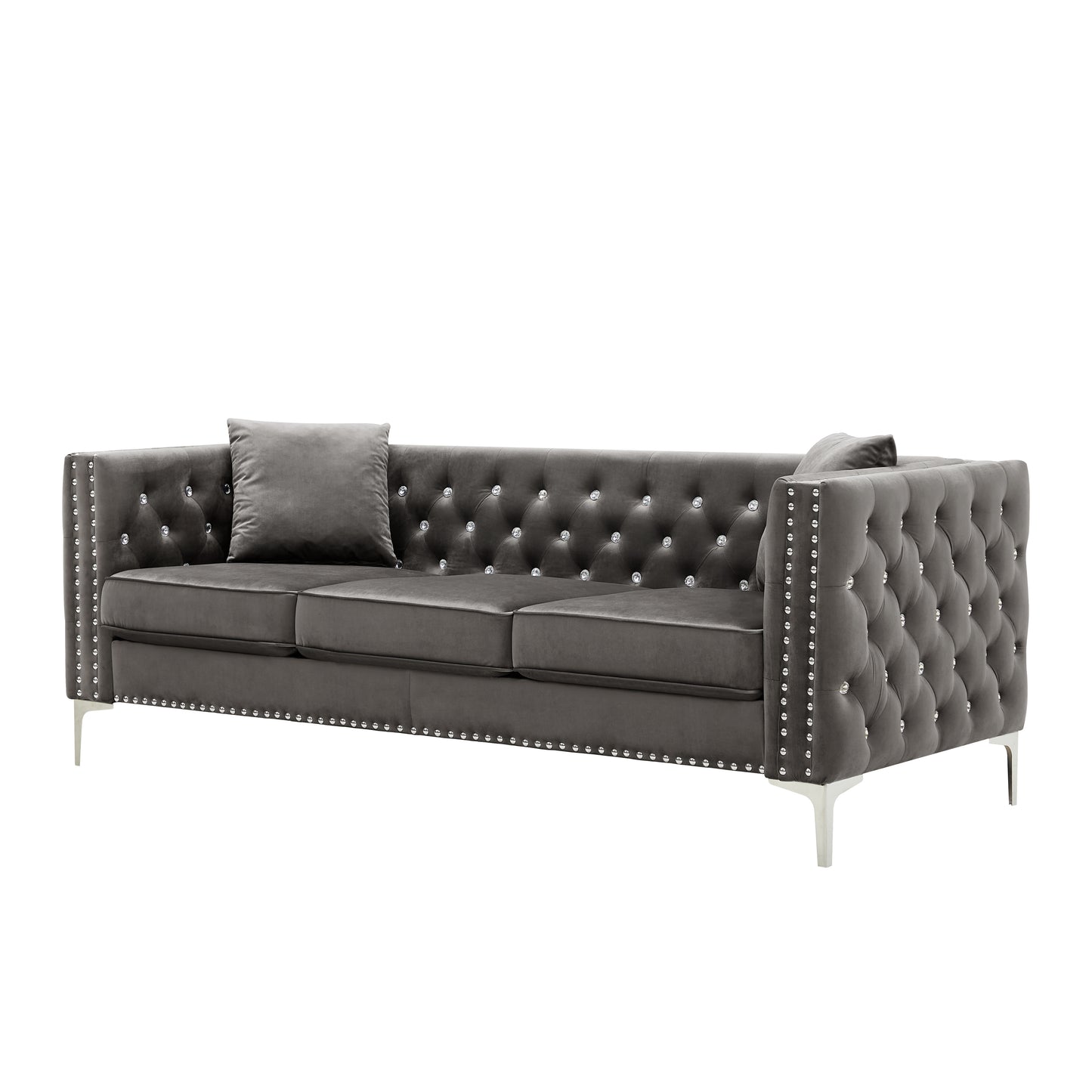 Modern Velvet Sofa with Jeweled Buttons and Tufted Square Arms, Grey, 2 Pillows Included