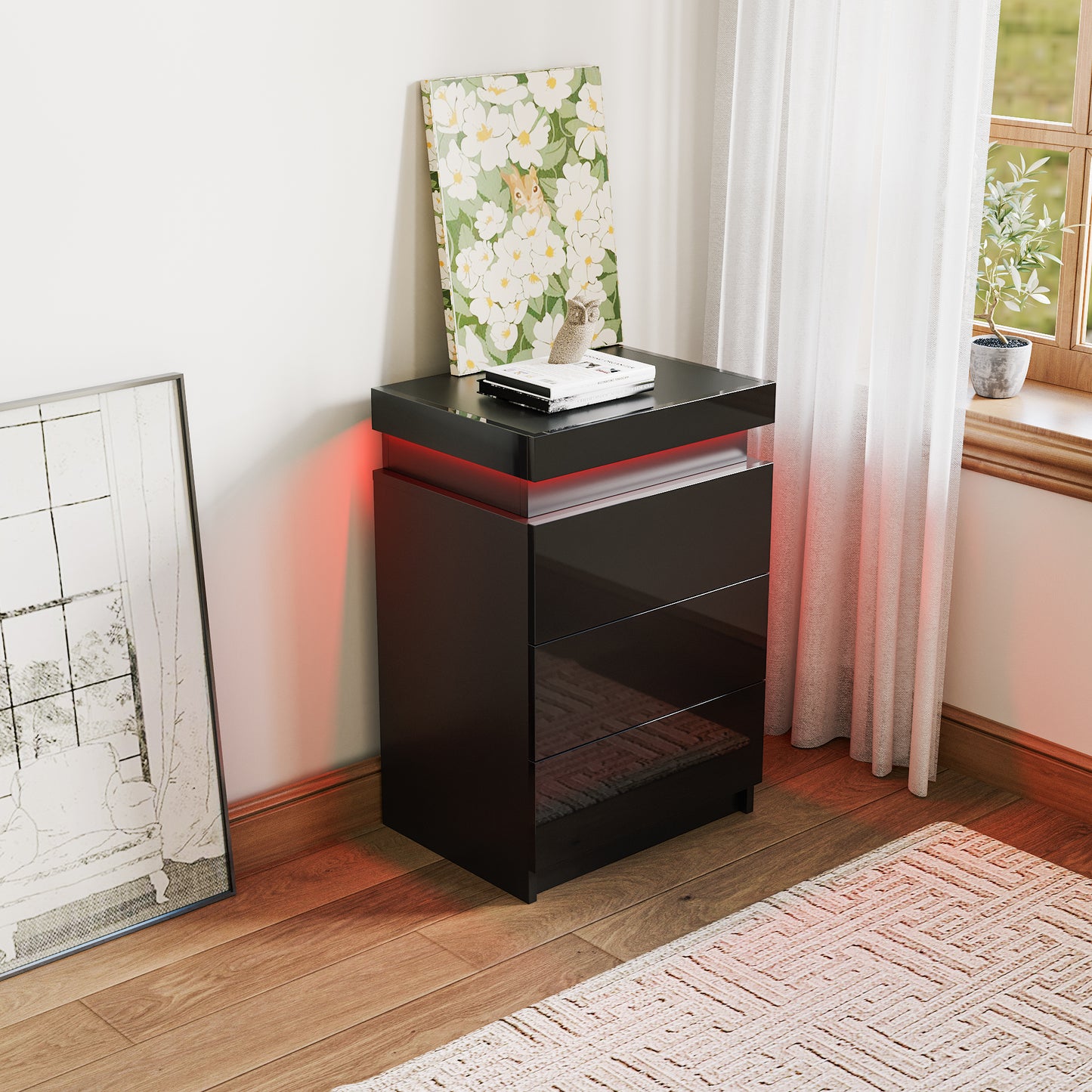 Contemporary LED Night Stand with 3 Drawers and High Gloss Finish