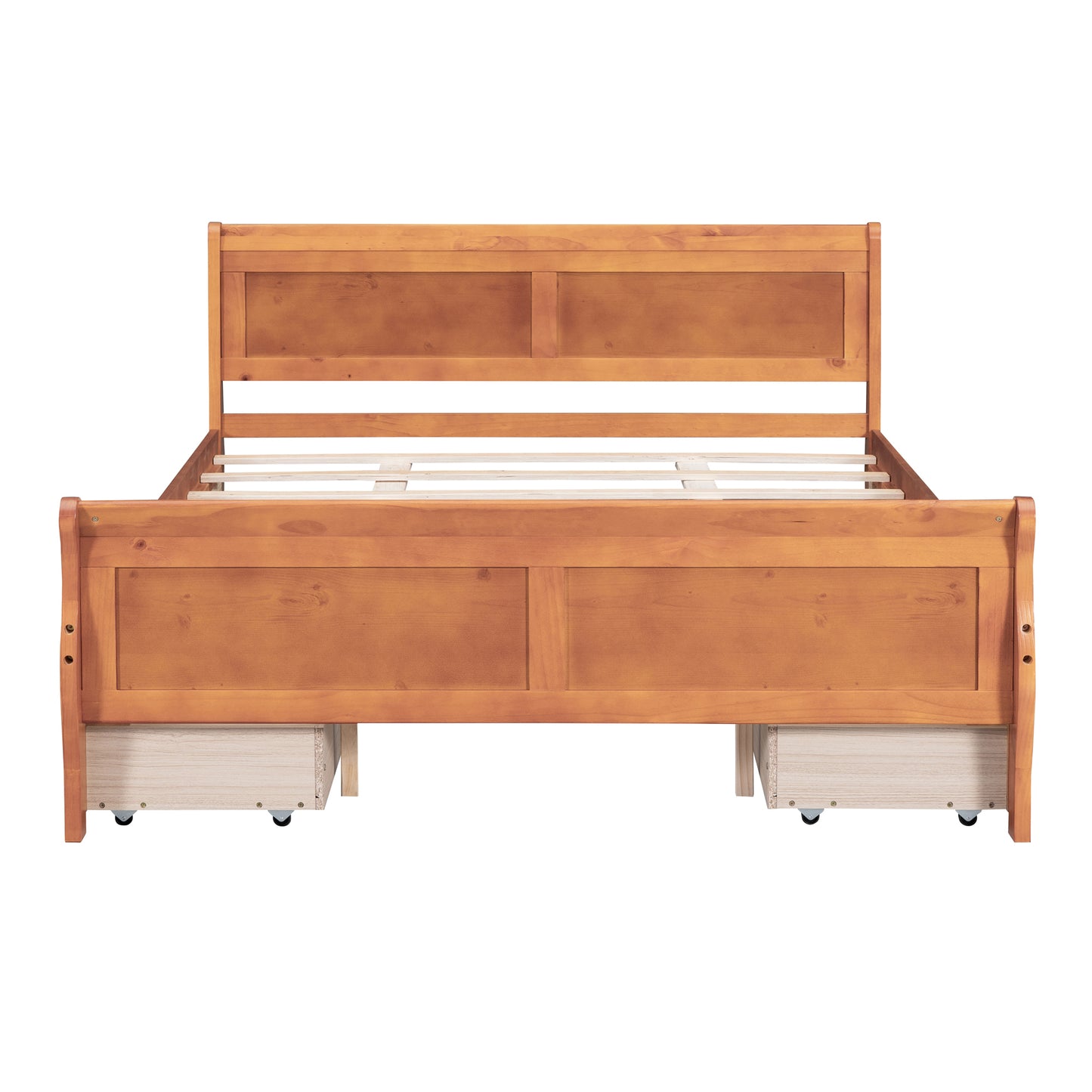 Queen Size Wood Platform Bed with 4 Drawers and Streamlined Headboard & Footboard, Oak