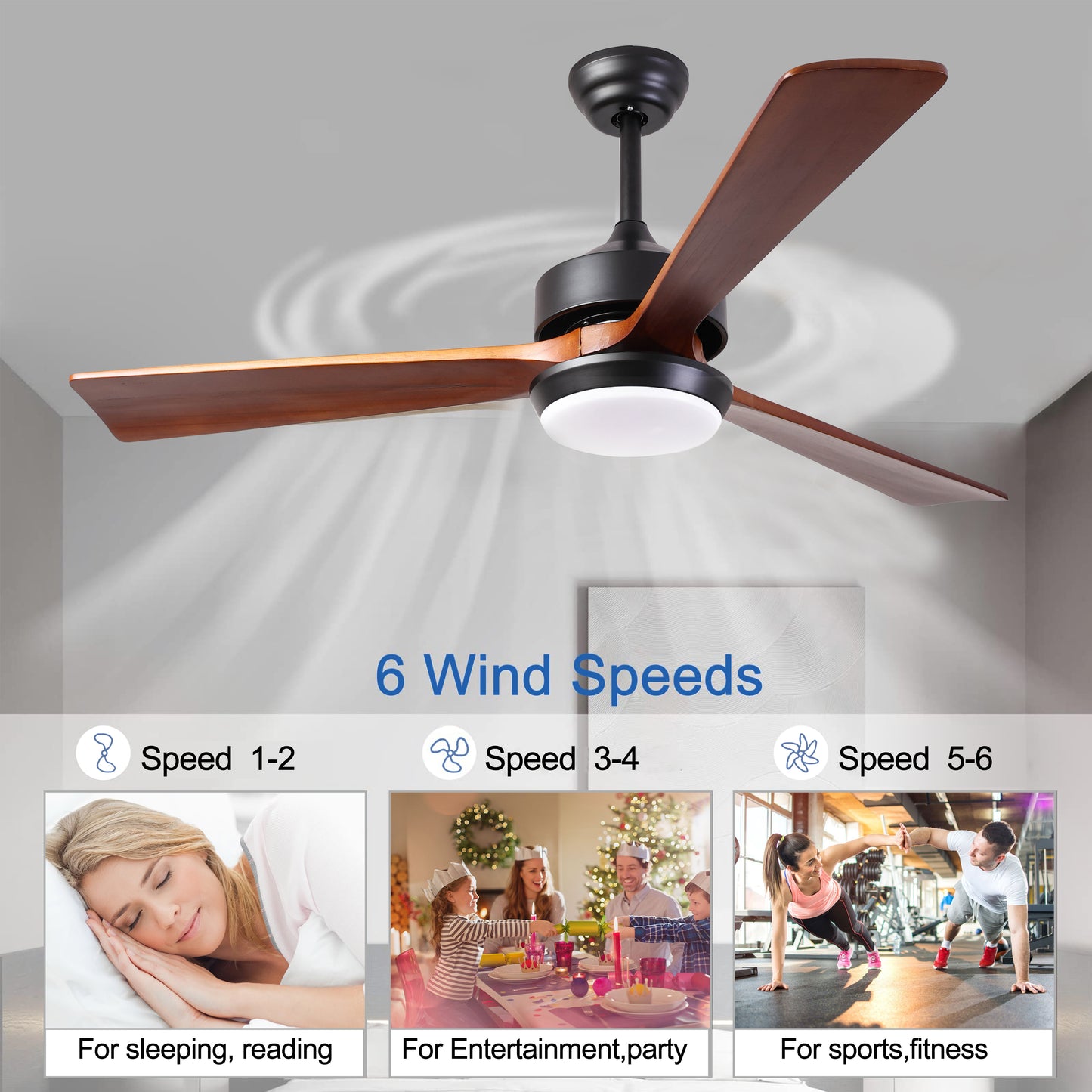 52 Natural Wood Ceiling Fan with Reversible Blades, Remote Control, and 6-Speed DC Motor