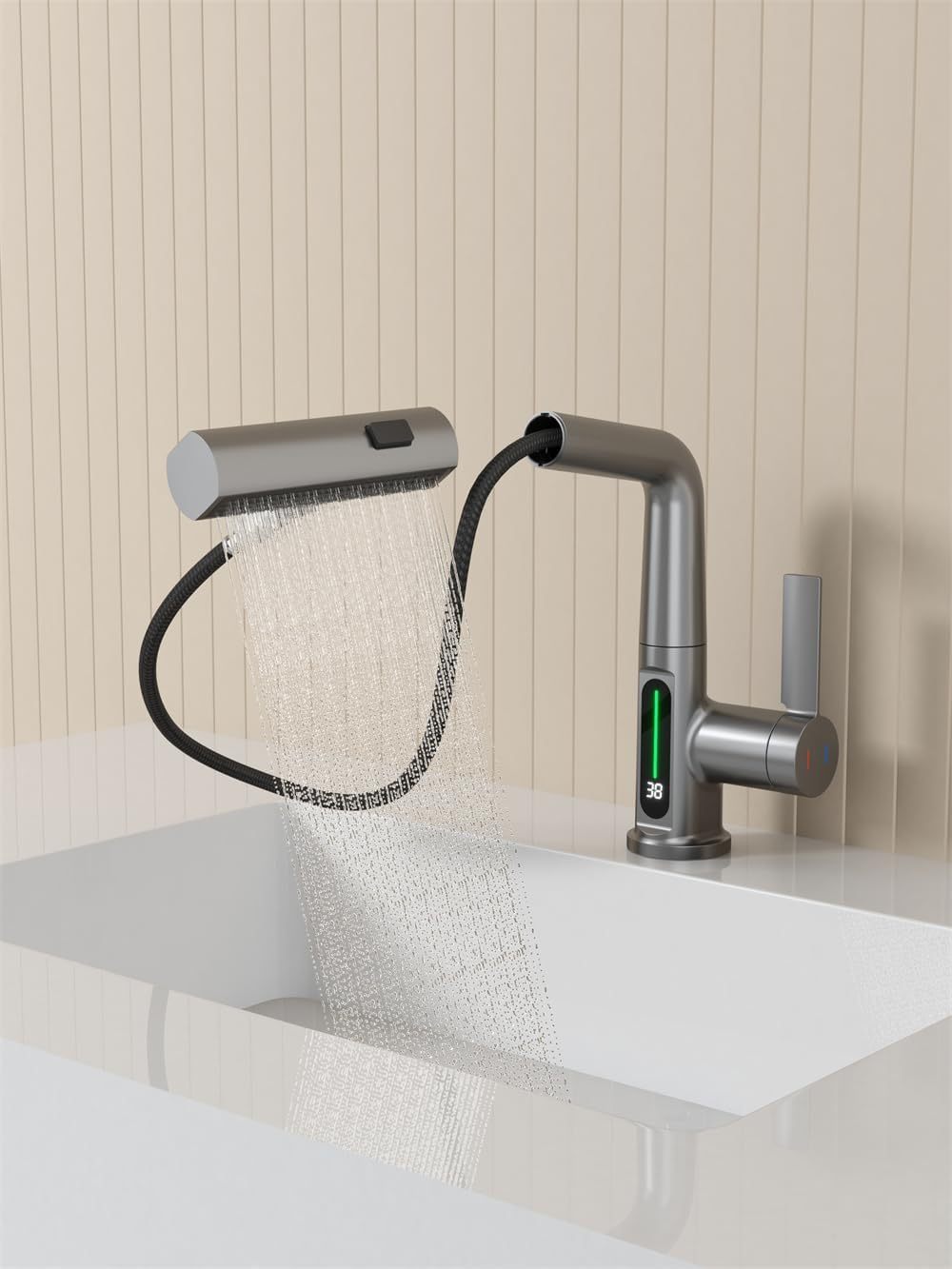 Gray LED Temperature Digital Display Bathroom Basin Faucet with Pull-Out Lift and 3 Water Spout Modes