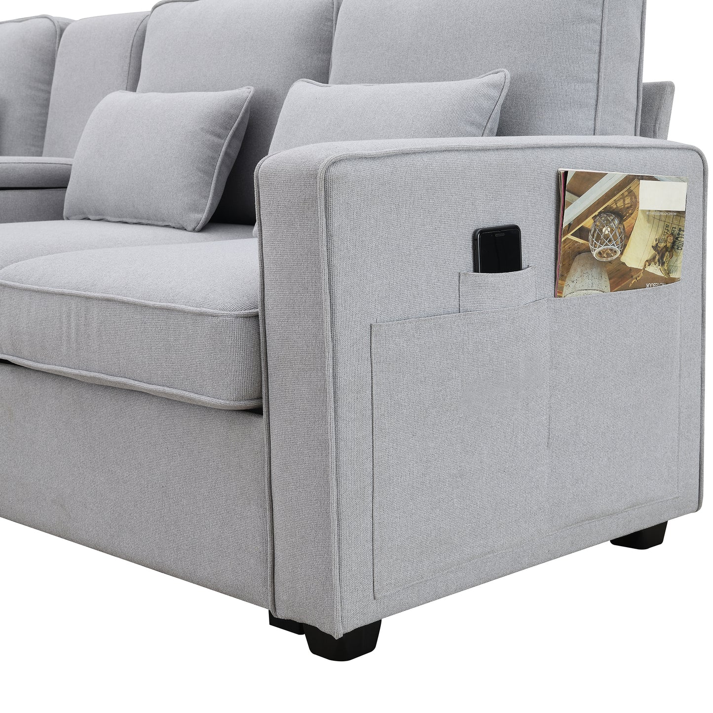 Modern 4-Seat Upholstered Sofa with Console and USB Ports