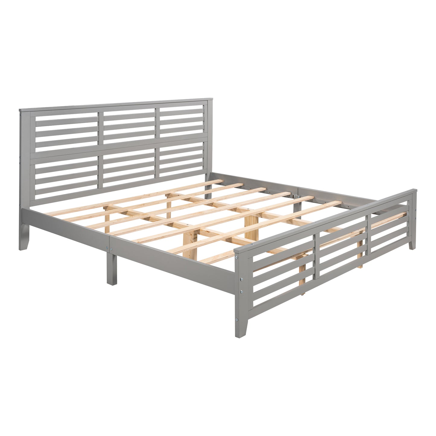 Platform bed with horizontal strip hollow shape, King size, gray