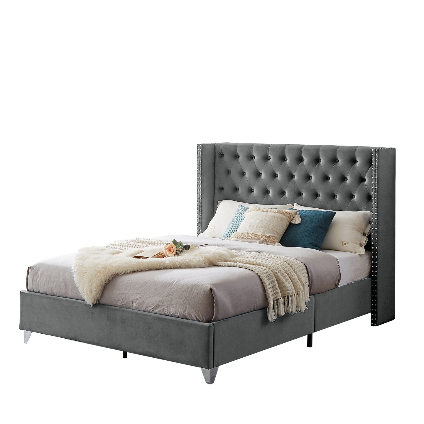 B100S Queen bed,  Button designed Headboard, strong wooden slats + metal support feet, Gray Flannelette