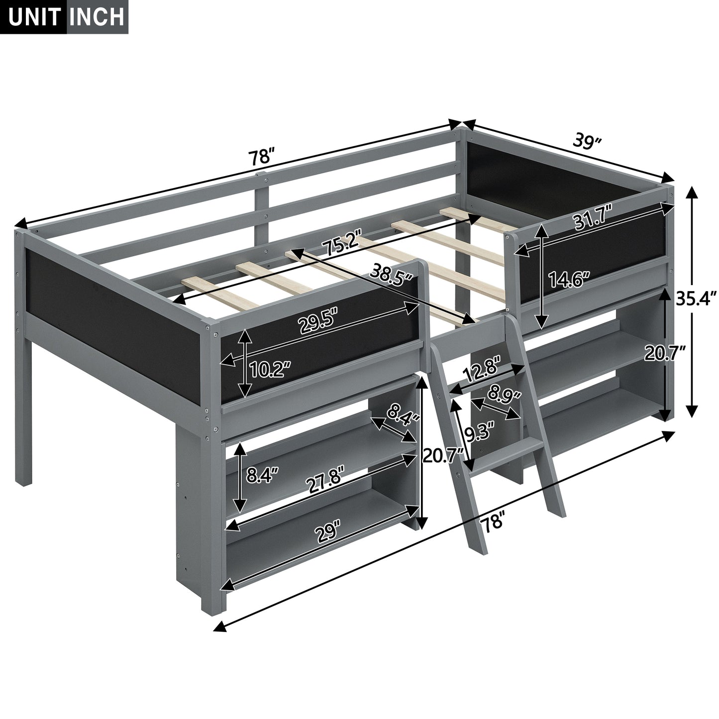 Twin Size Low Loft Bed with Two Movable Shelves and Ladder,with Decorative Guardrail Chalkboard,Gray(: WF283286AAE)