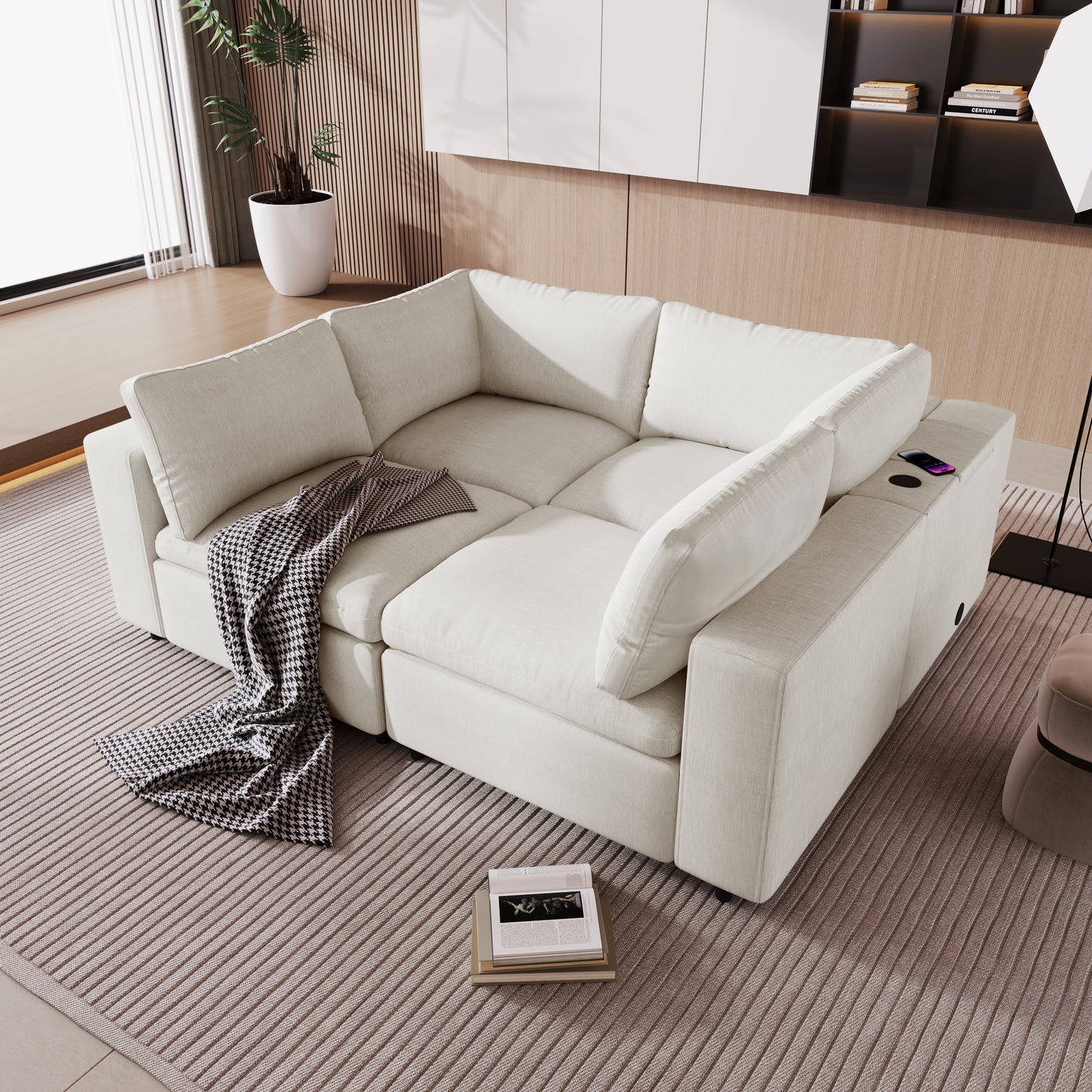 U-style Upholstered Modular Sofa with USB Charge Ports,Wireless Charging and Built-in Bluetooth Speaker in Arm,Sectional sofa for Living Room Apartment(4-Seater)