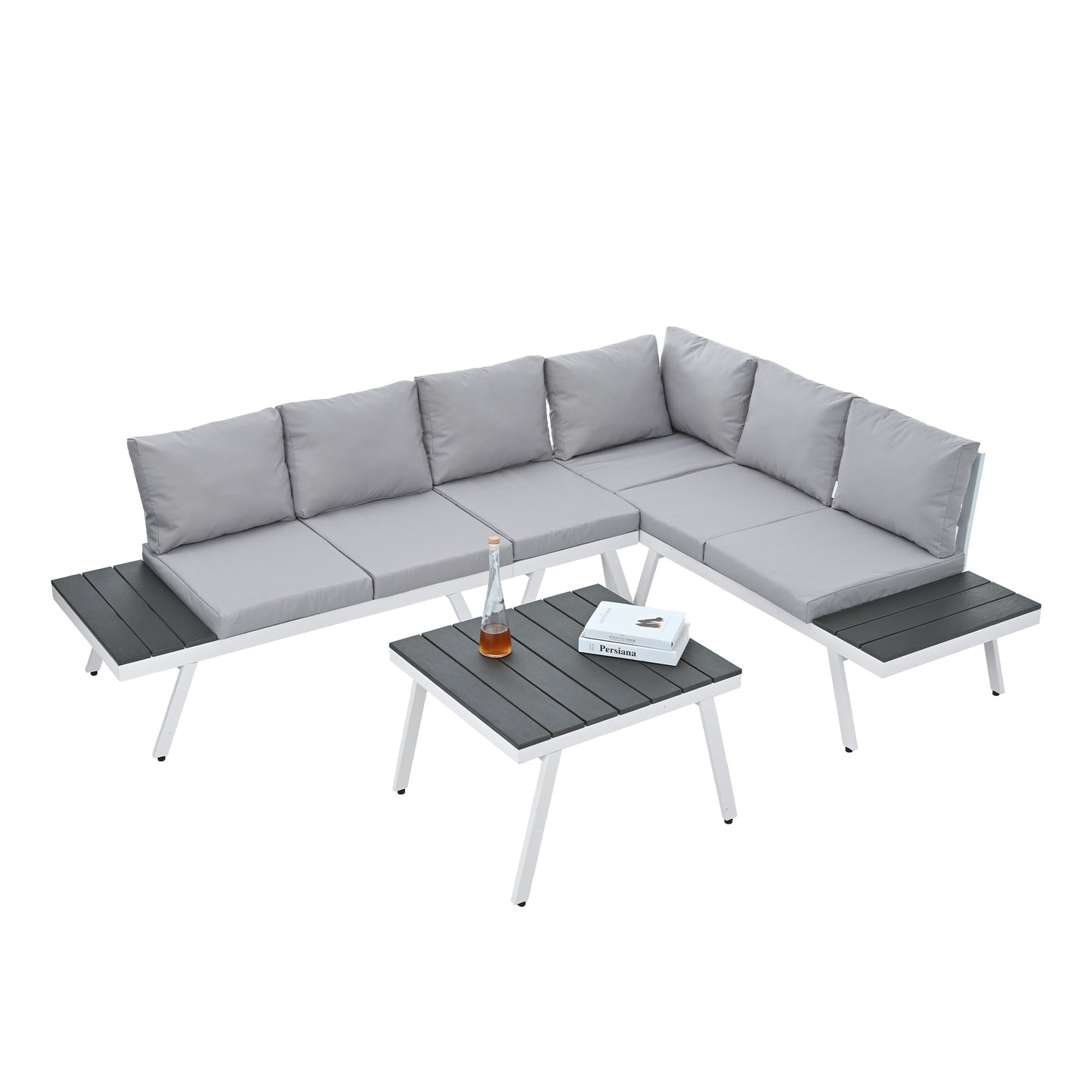 Aluminum Outdoor Patio Furniture Set with End Tables and Coffee Table, White and Grey Sectional Sofa Set