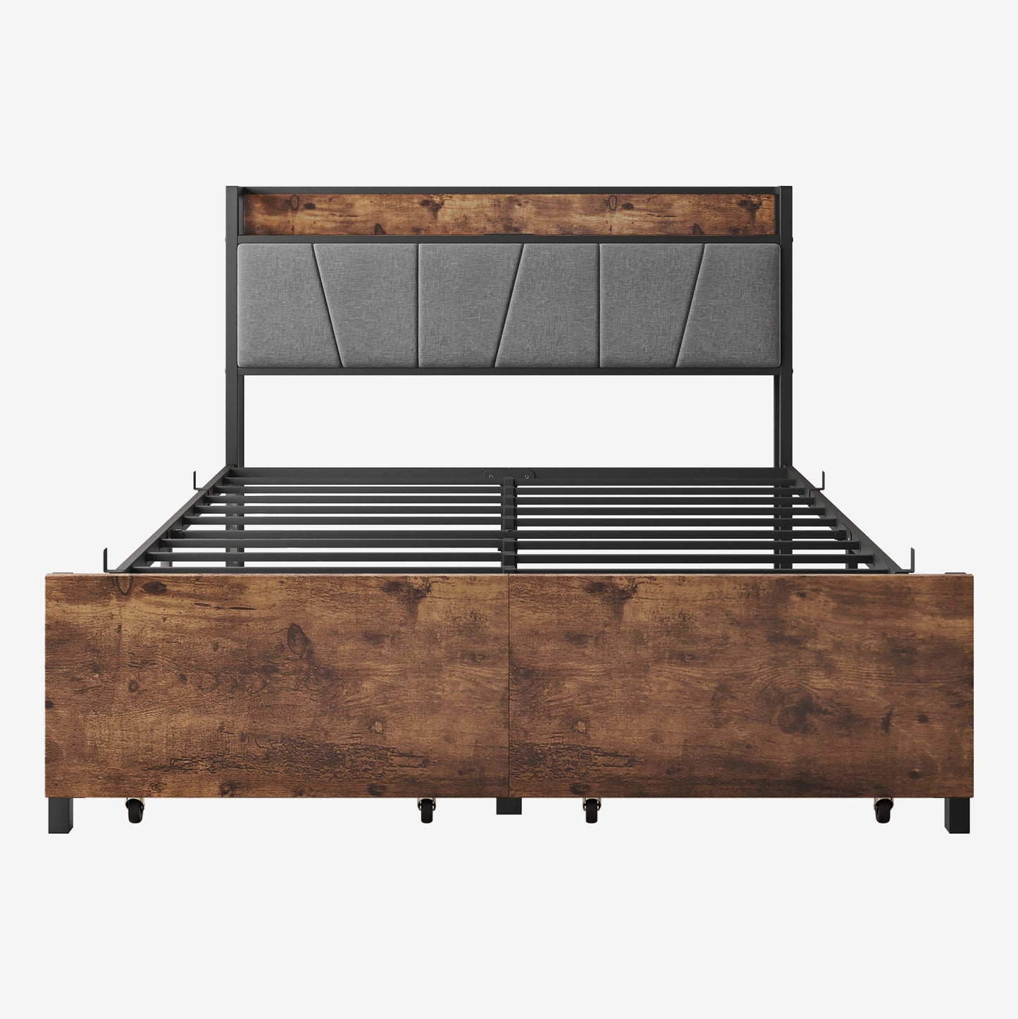 Full Size Bed Frame, Storage Headboard with Charging Station and 2 Storage Drawers, Solid and Stable, Noise Free, No Box Spring Needed, Easy Assembly,Vintage Brown and Gray