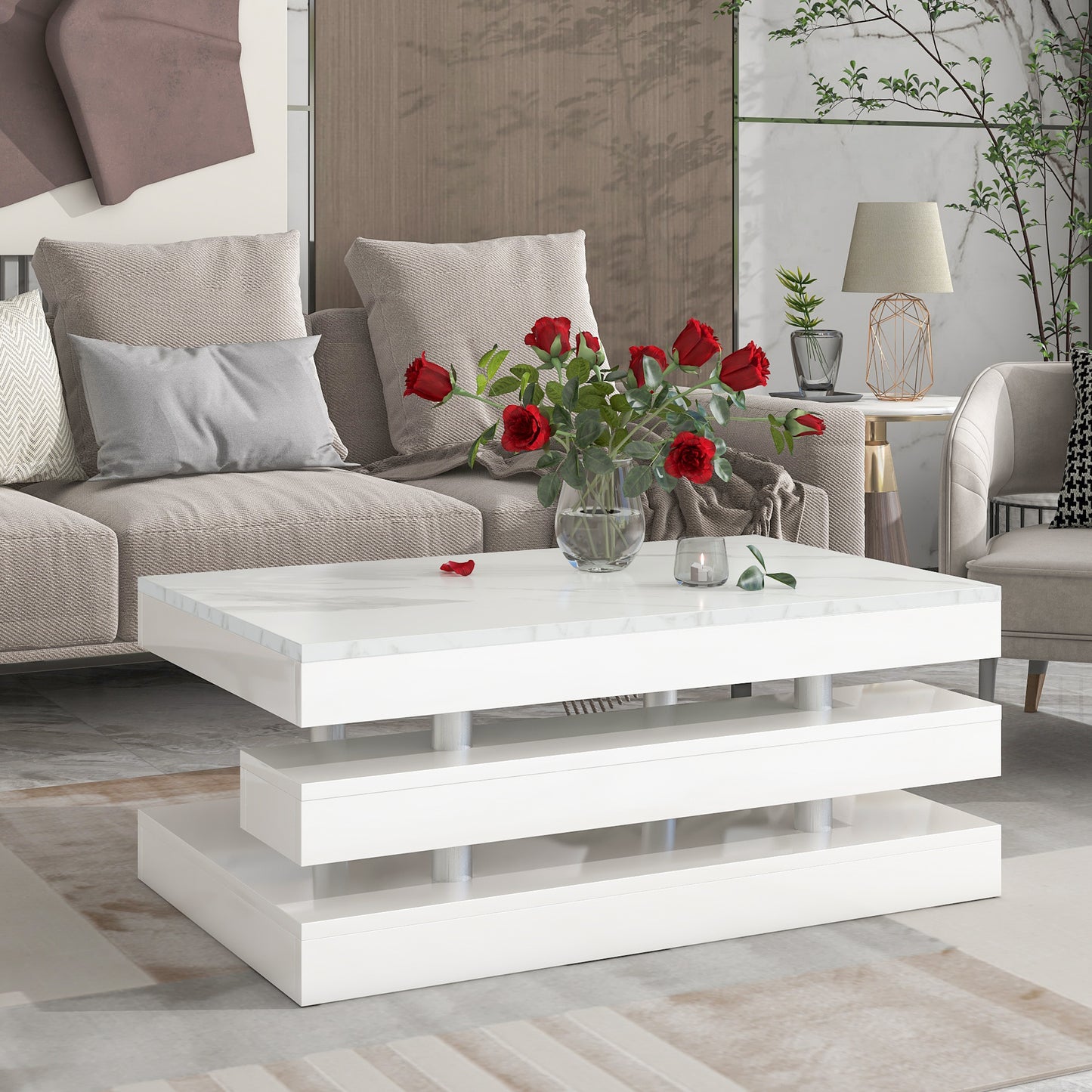 White Minimalist 2-Tier Coffee Table with Glossy Surface