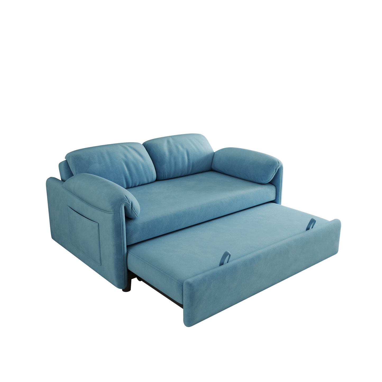 54 Blue Velvet Sofa Bed with Retractable Dual Purpose and Armrest Storage Bag