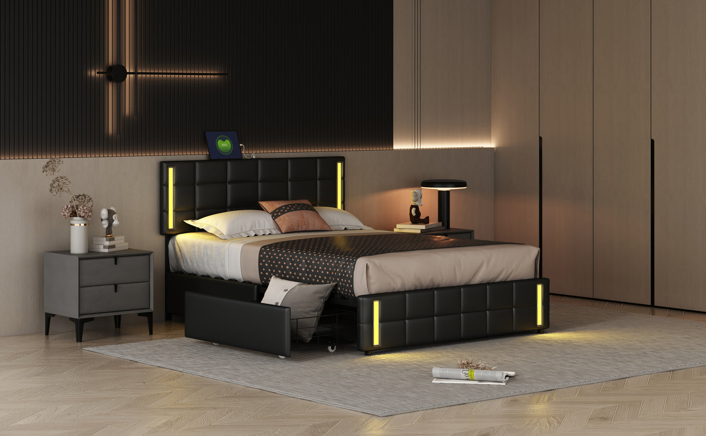 Queen Size Upholstered Platform Bed with LED Lights and USB Charging, Storage Bed with 4 Drawers, Black