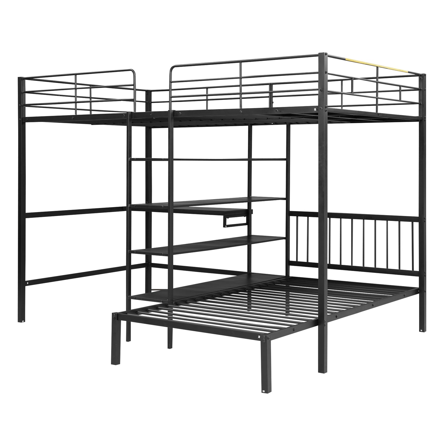 Black Metal Bunk Bed with Desk, Shelves, and Ladder