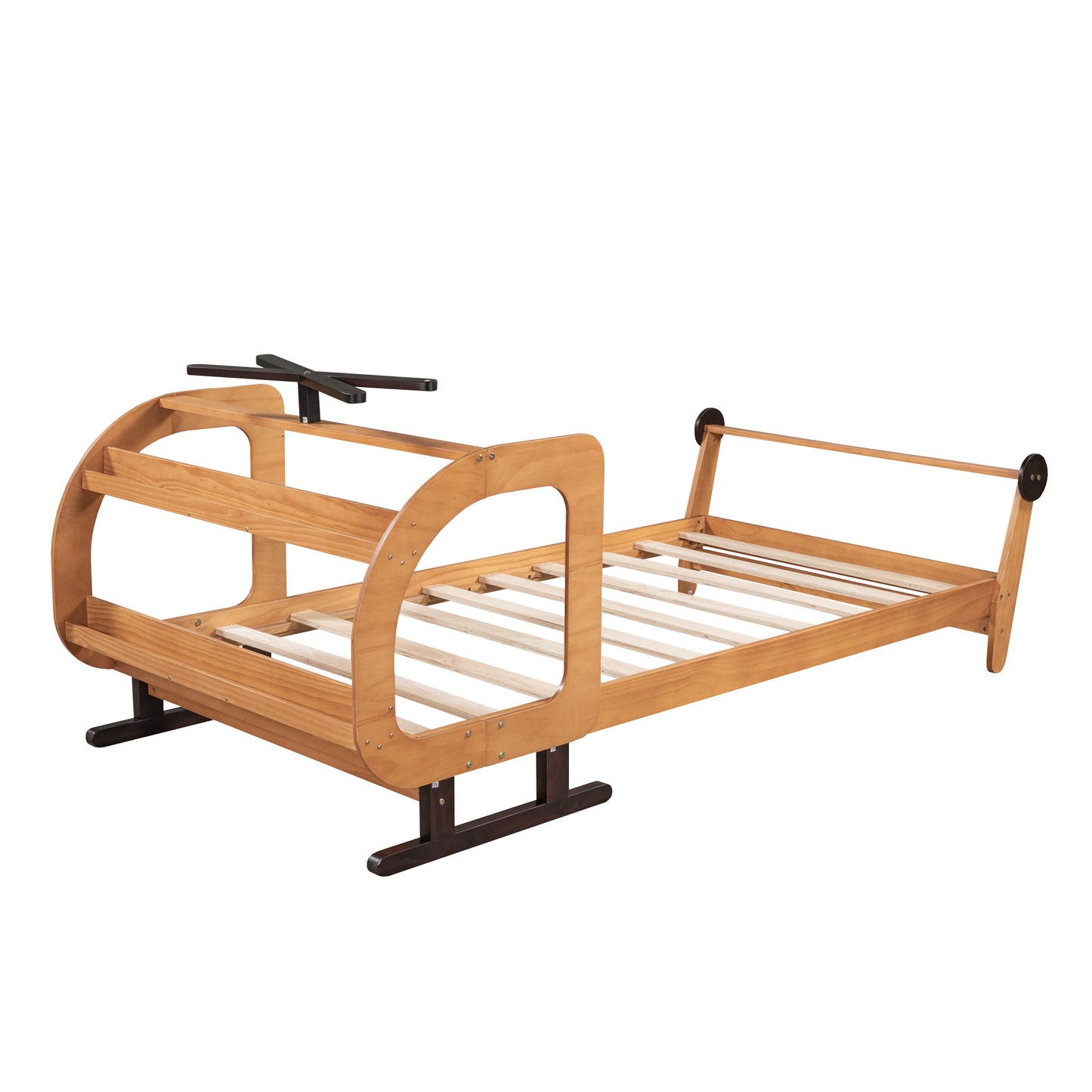 Twin Size Plane Shaped Platform Bed with Rotatable Propeller and Shelves, Natural