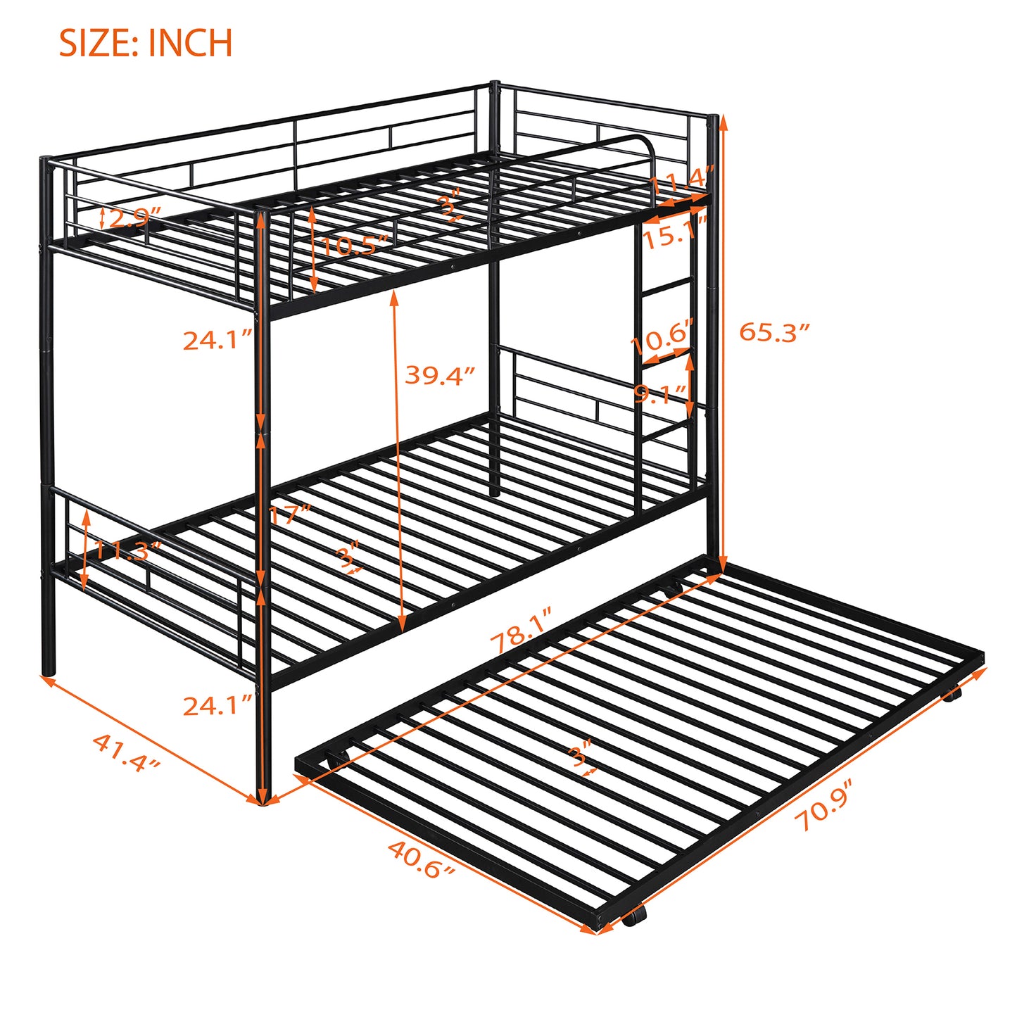 Metal Bunk Bed with Twin Trundle, Convertible Twin-Over-Twin, Black