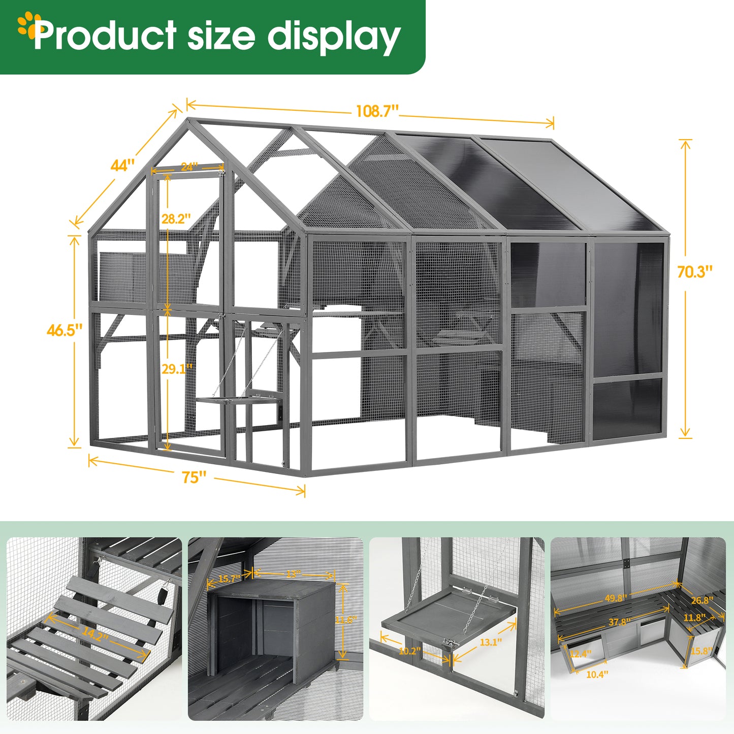 Luxury Cat Cage Outdoor Wooden Catio Enclosure Patio Large Cat Run House for Multiple Pets Walk in Kitten Kennel with Bouncy Bridge, Platforms, Small Houses, Seating and Sunshine Panel- 108.7'', Gray