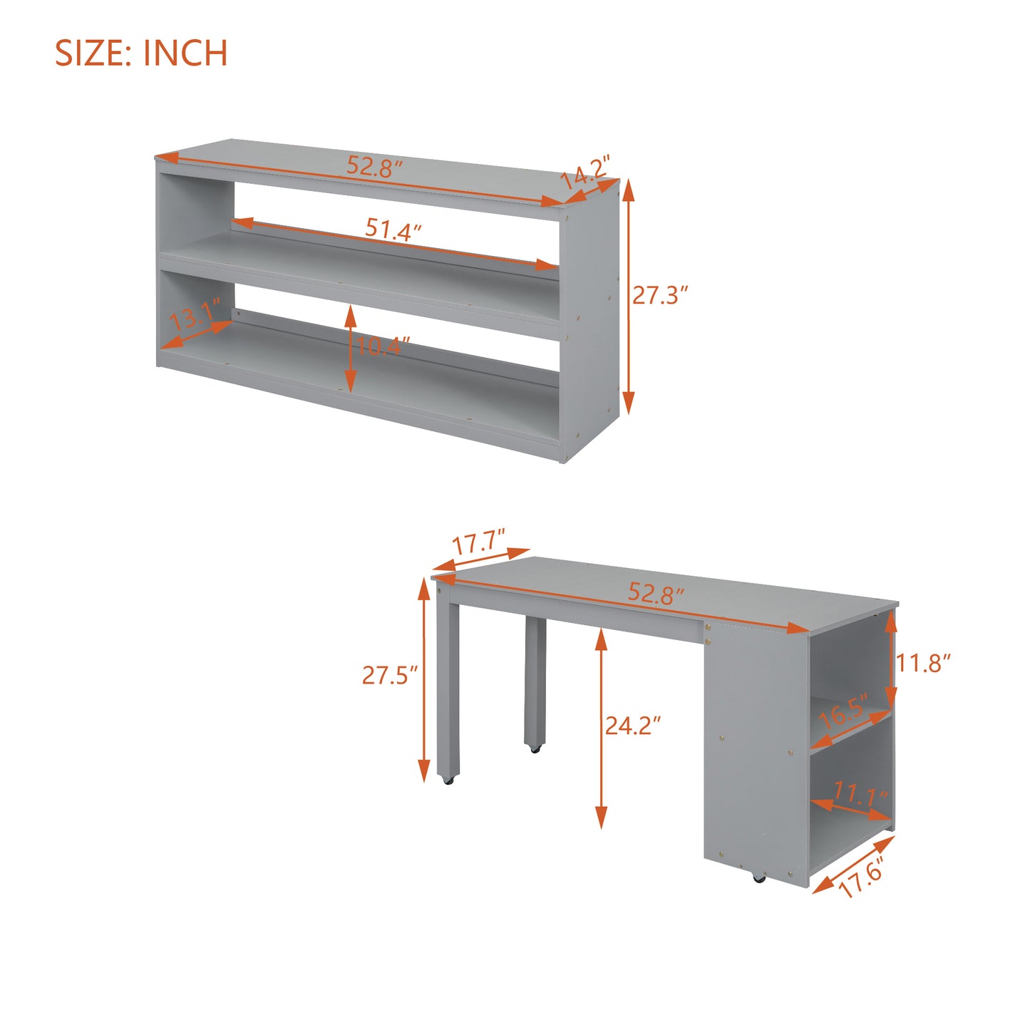 Full Size Loft Bed with Retractable Writing Desk and 3 Drawers, Wooden Loft Bed with Storage Stairs and Shelves, Gray