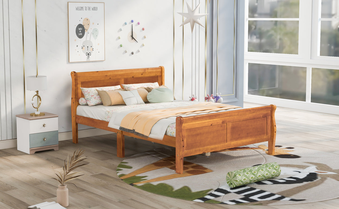 Full Size Wood Platform Bed with Headboard and Wooden Slat Support (Oak)