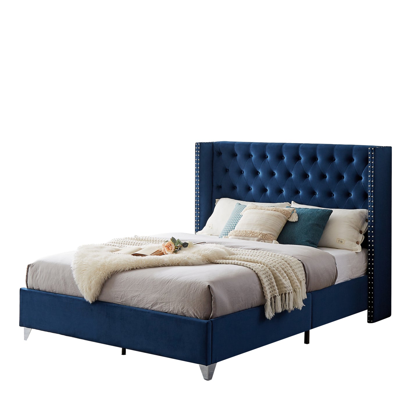 B100S Queen bed, Button designed Headboard,strong wooden slats + metal legs with Electroplate