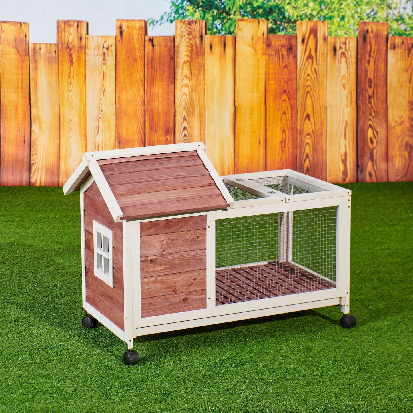 Wooden Rabbit Hutch 40.7" L x 23.4" W x 30" H, Bunny Cage with 4 Wheels, Auburn