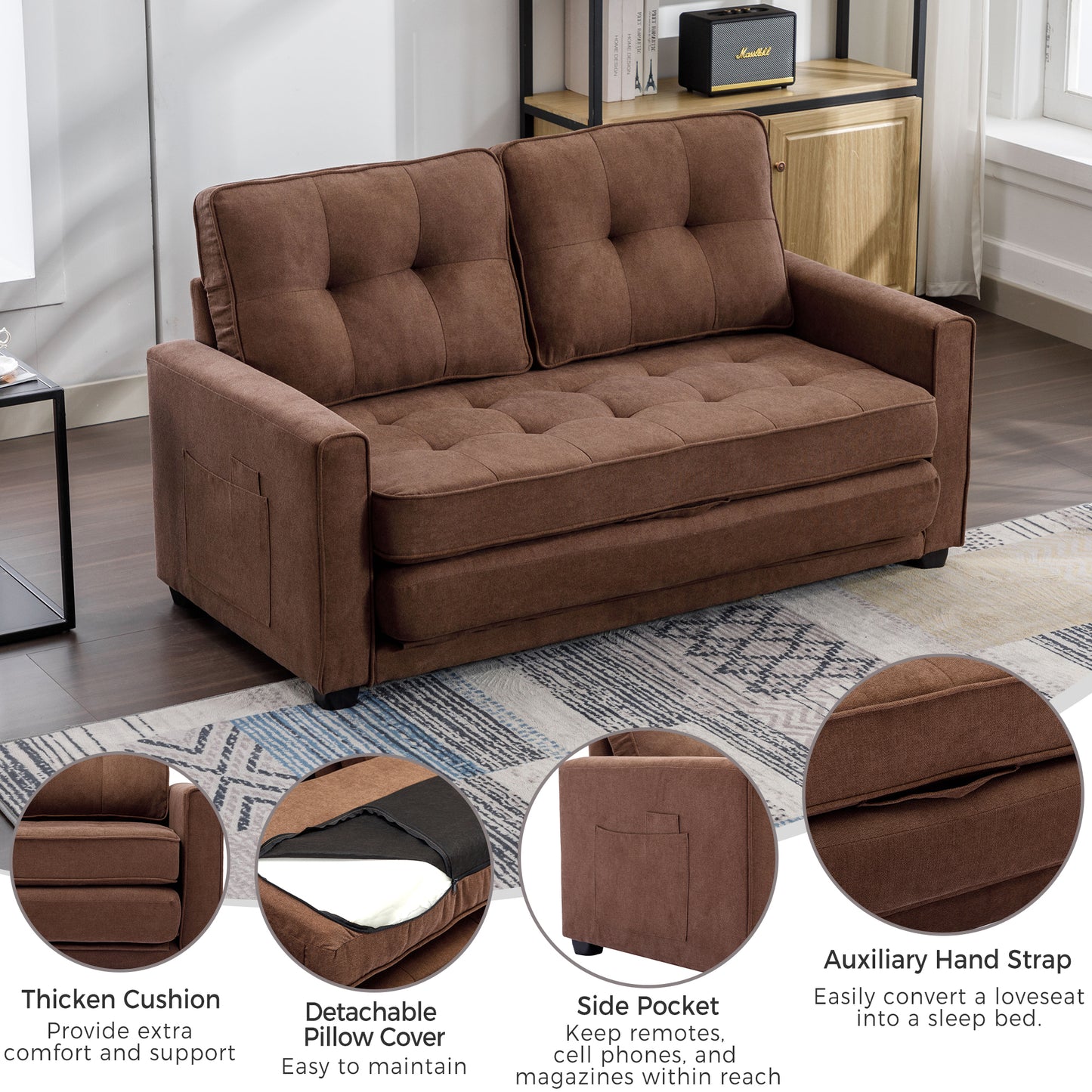 59.4 Pull-Out Loveseat Sofa Bed with Side Pocket, Brown Chenille Upholstered Couch